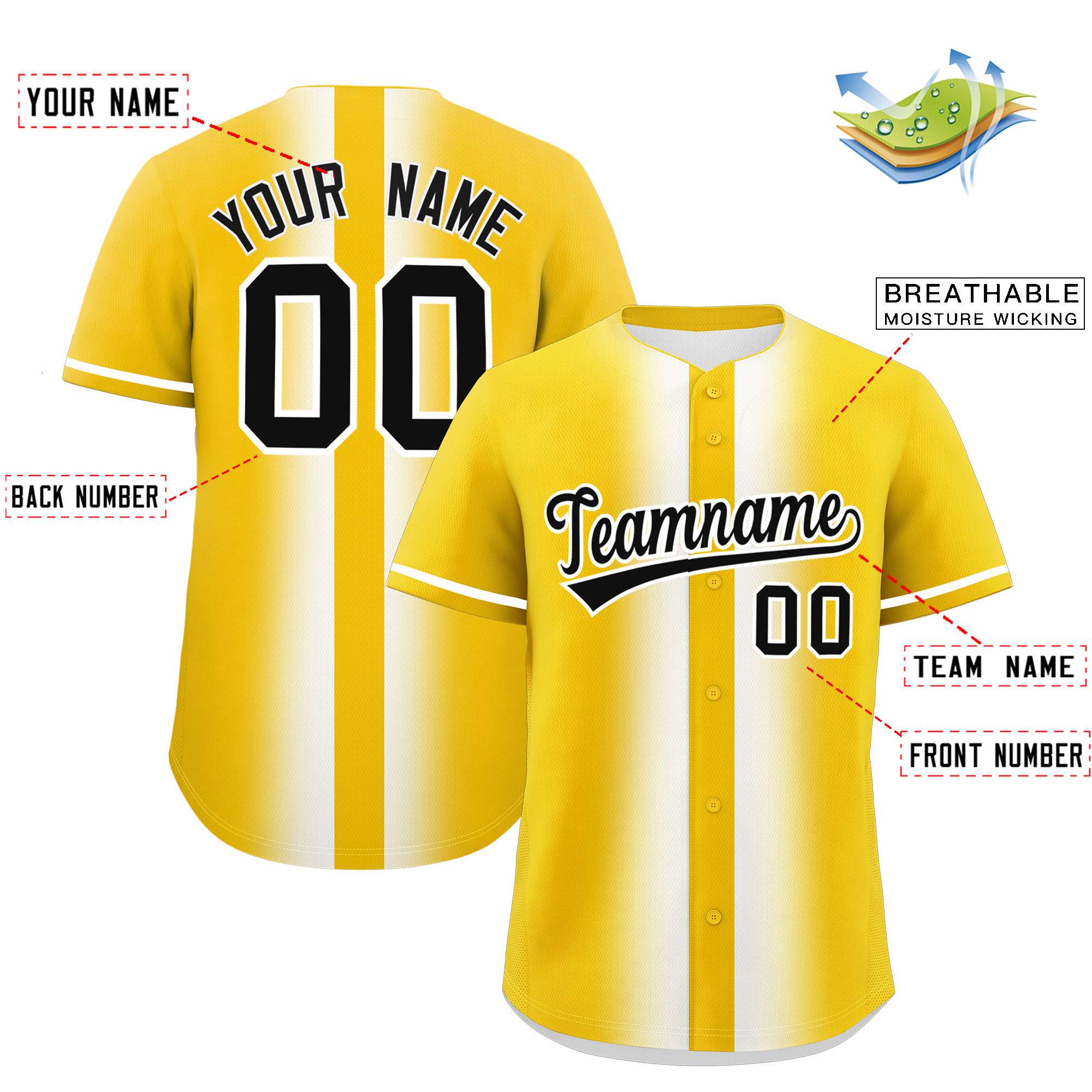 Custom Gold White Lapel Gradient Fashion Authentic Baseball Jersey