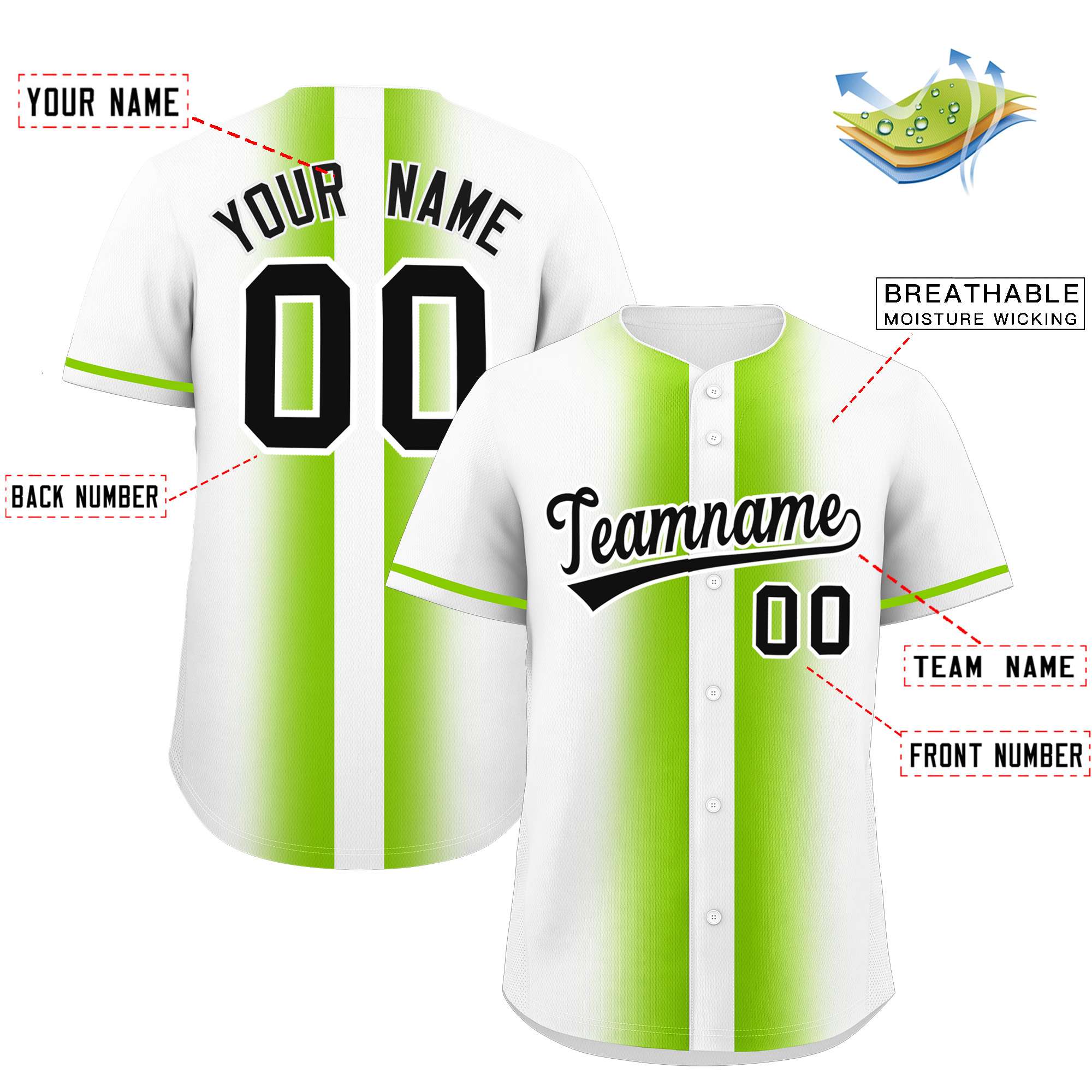 Custom White Neon Green Lapel Gradient Fashion Authentic Baseball Jersey