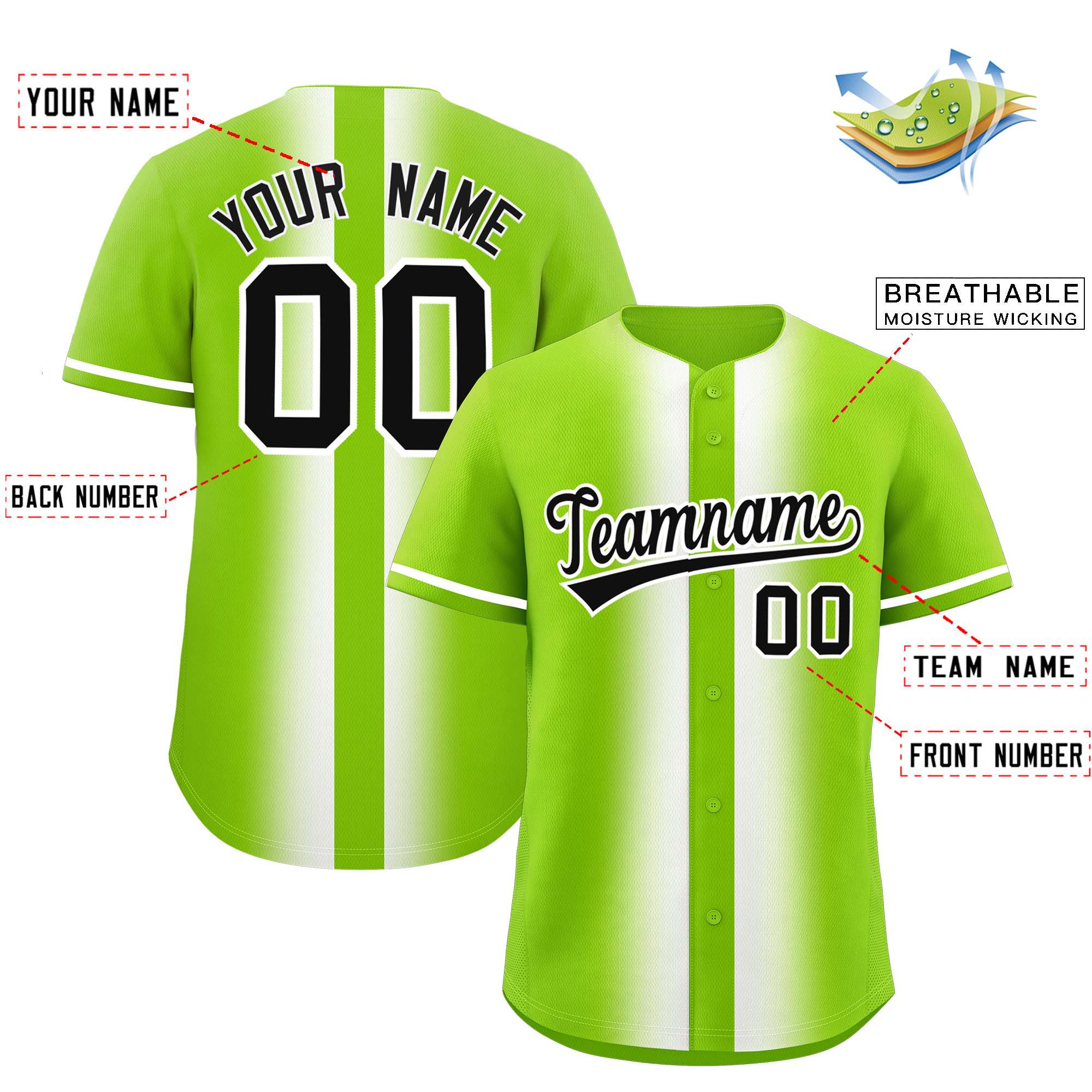 Custom Neon Green White Lapel Gradient Fashion Authentic Baseball Jersey