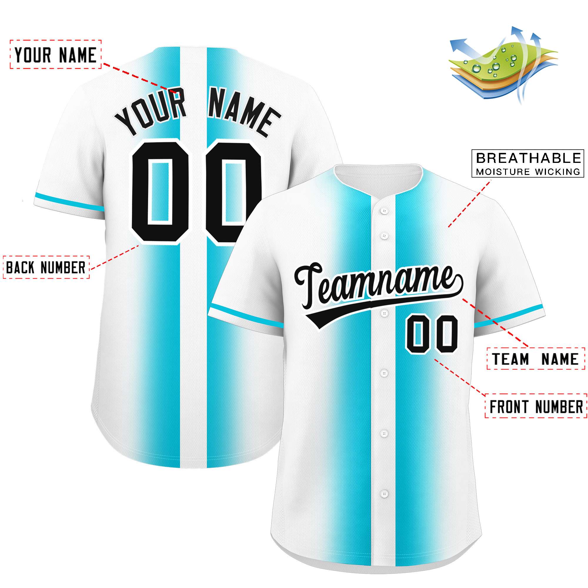 Custom White Sky Blue Lapel Gradient Fashion Authentic Baseball Jersey