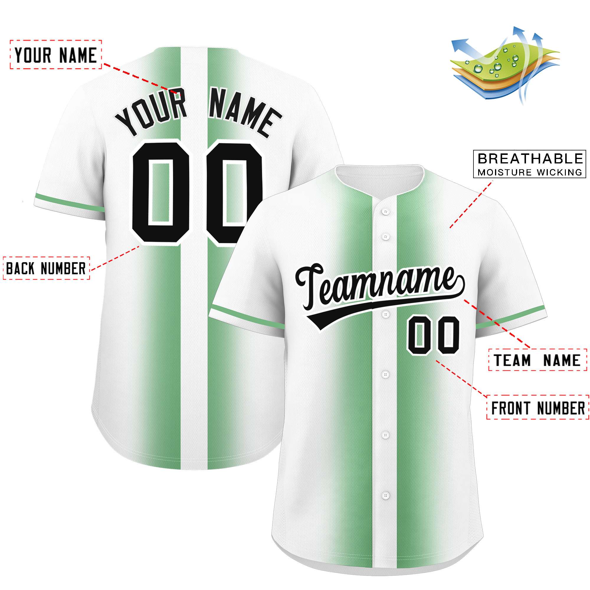 Custom Green White Lapel Gradient Fashion Authentic Baseball Jersey