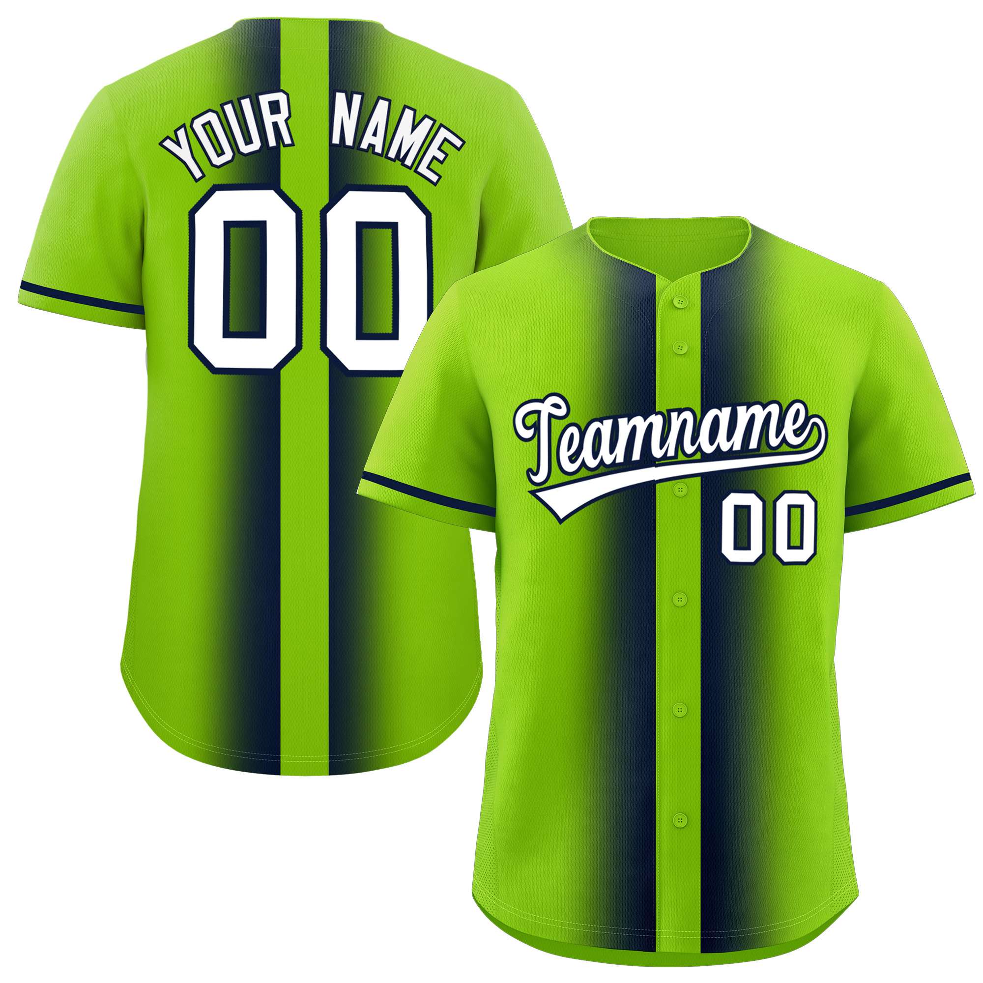 Custom Neon Green Navy Lapel Gradient Fashion Authentic Baseball Jersey