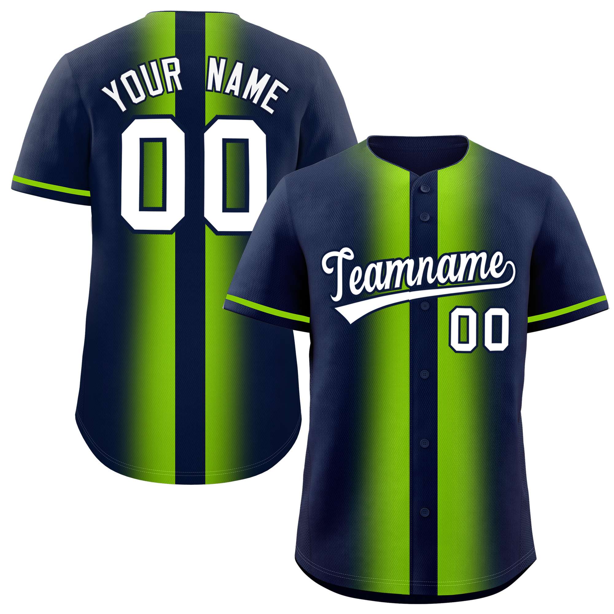 Custom Navy Neon Green Lapel Gradient Fashion Authentic Baseball Jersey