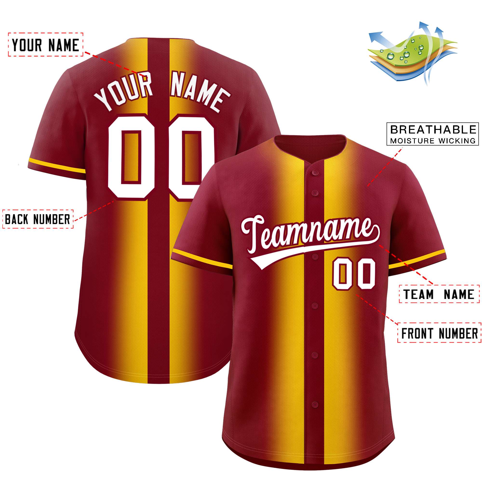 Custom Crimson Gold Lapel Gradient Fashion Authentic Baseball Jersey