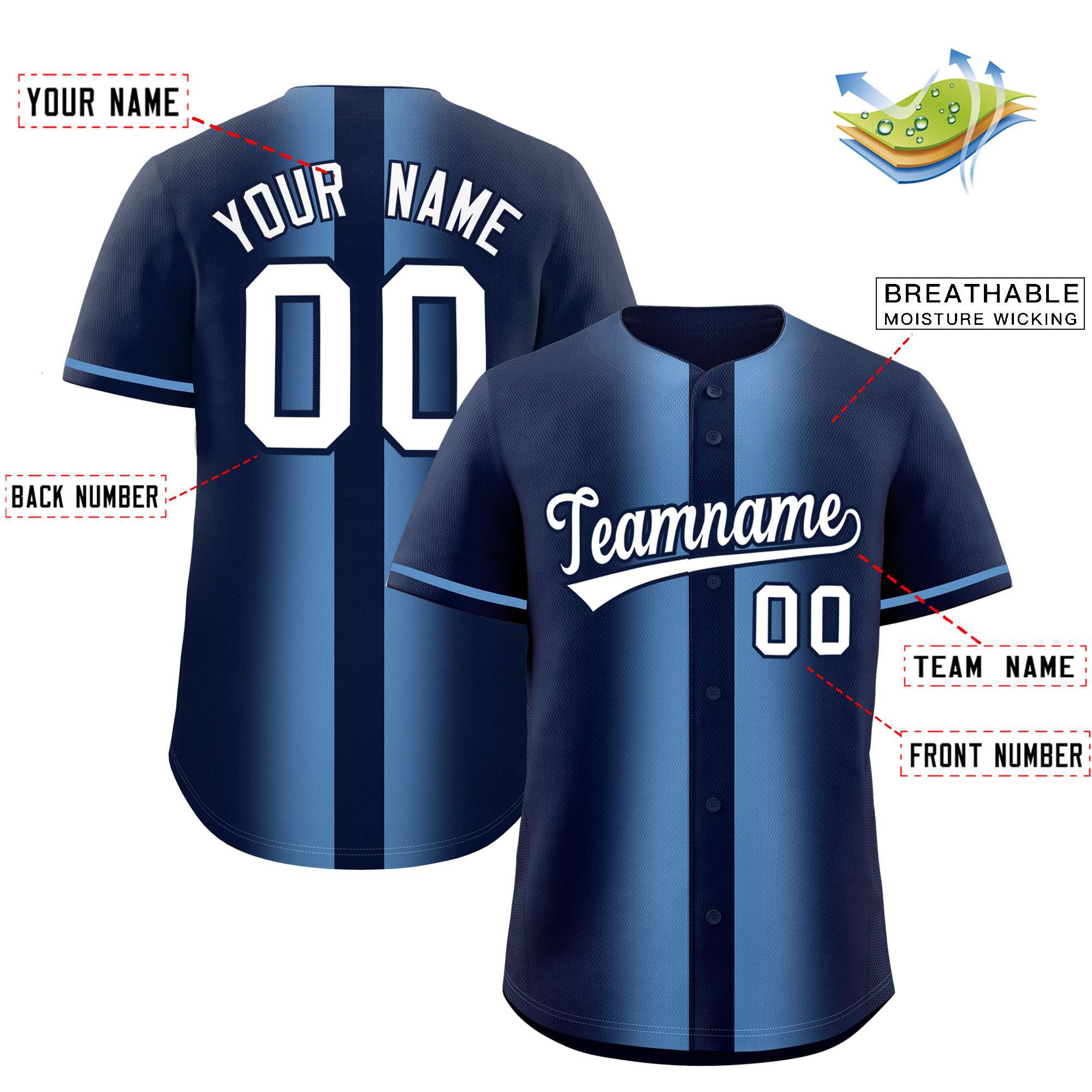 Custom Navy Light Blue Lapel Gradient Fashion Authentic Baseball Jersey