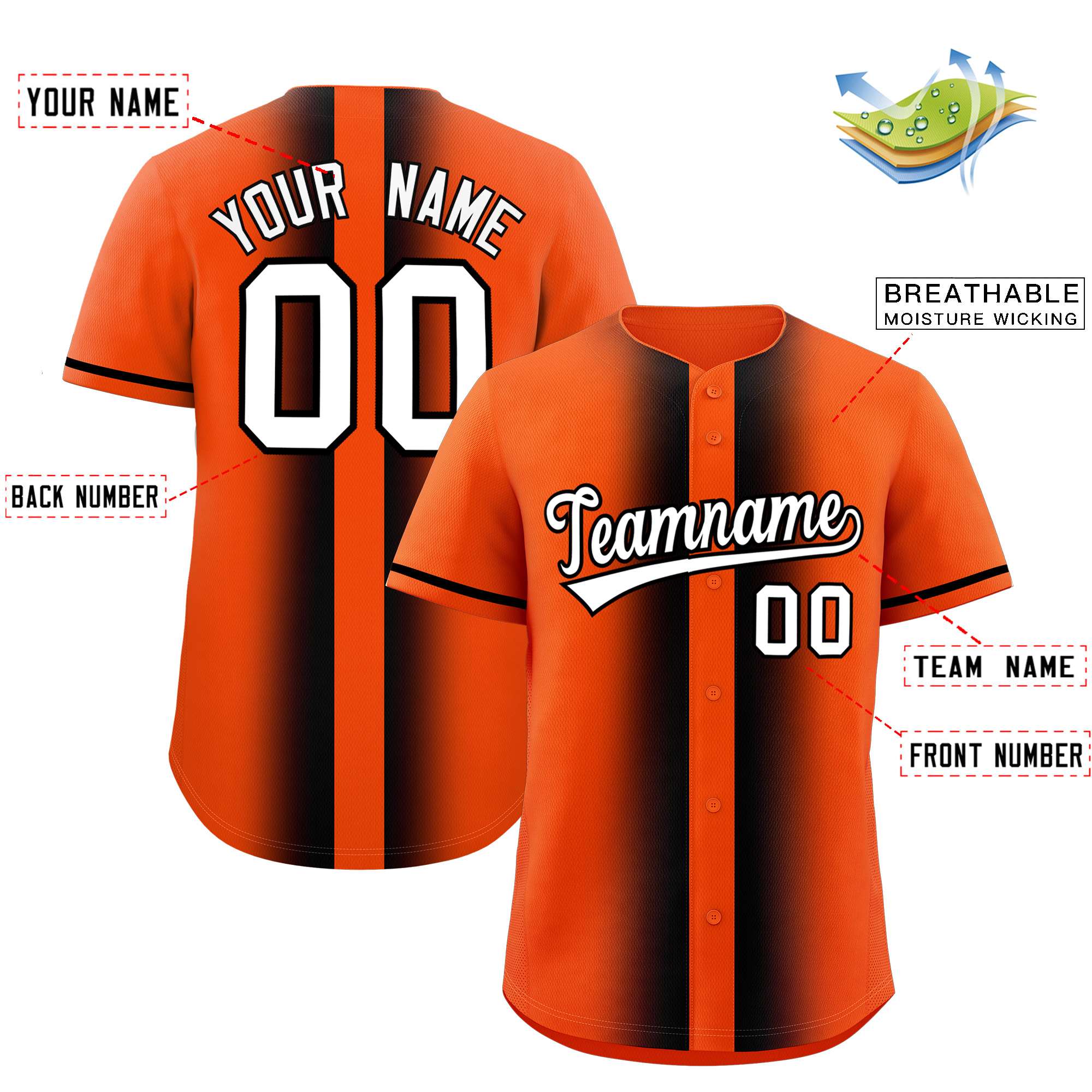 Custom Orange Black Lapel Gradient Fashion Authentic Baseball Jersey