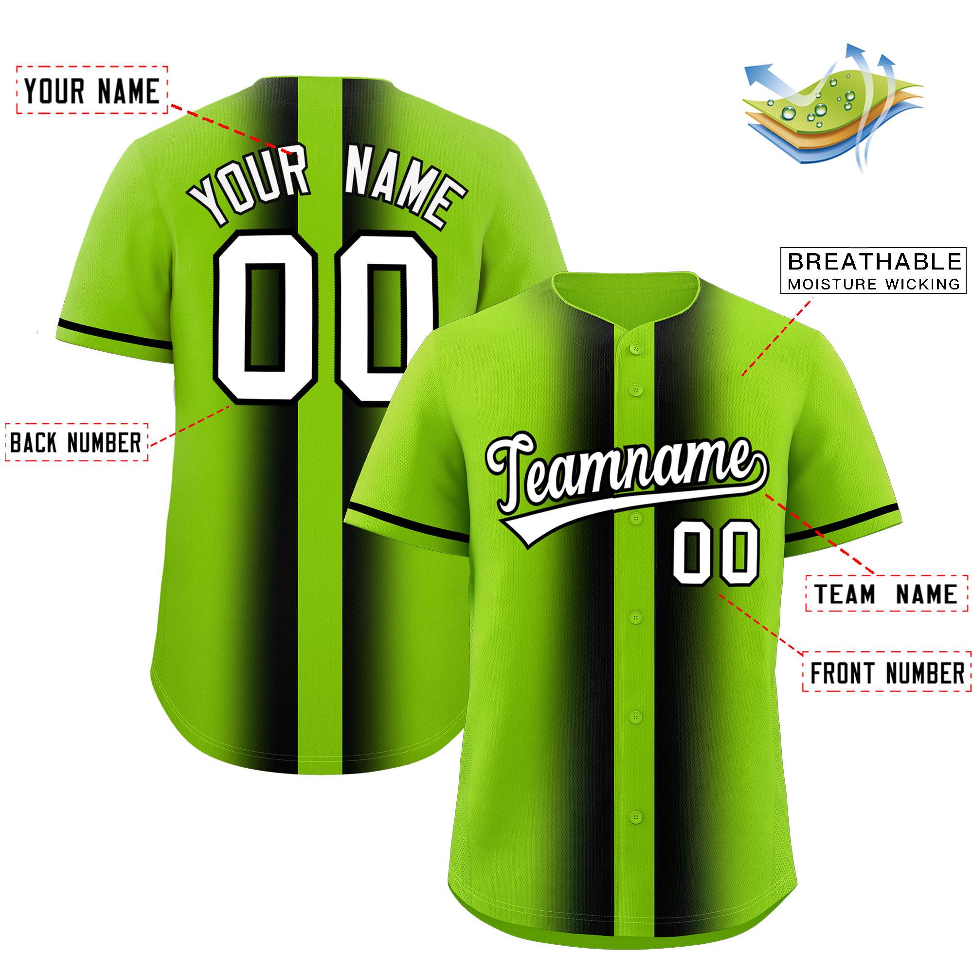 Custom Neon Green Black Lapel Gradient Fashion Authentic Baseball Jersey