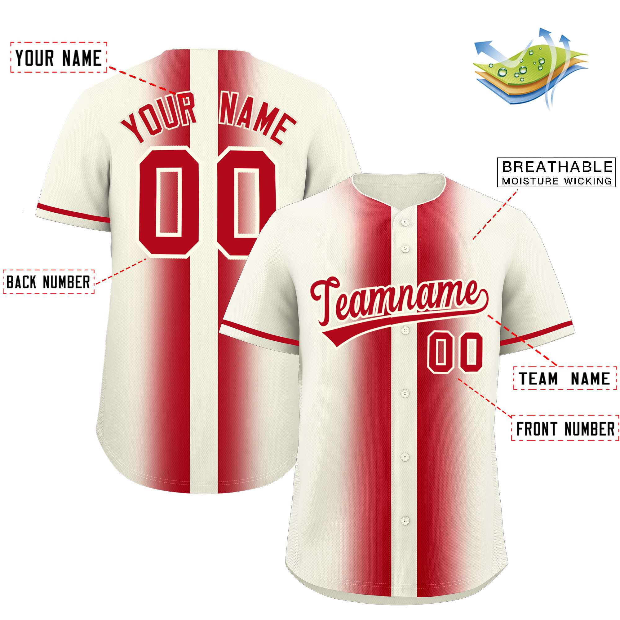 Custom Cream Red Lapel Gradient Fashion Authentic Baseball Jersey