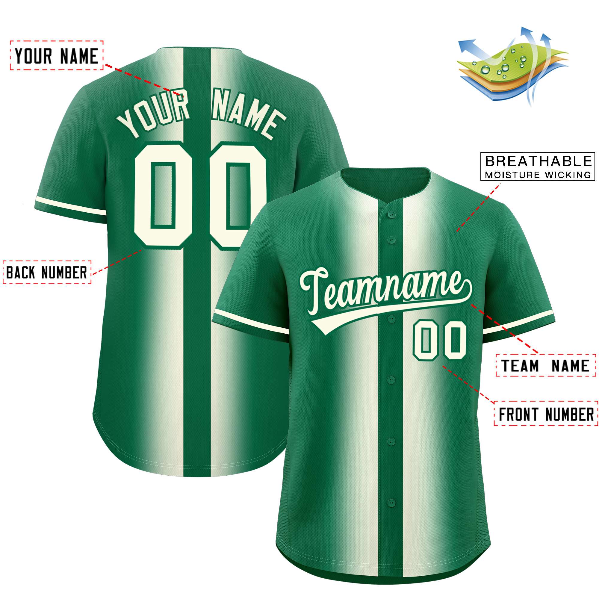 Custom Kelly Green Cream Lapel Gradient Fashion Authentic Baseball Jersey