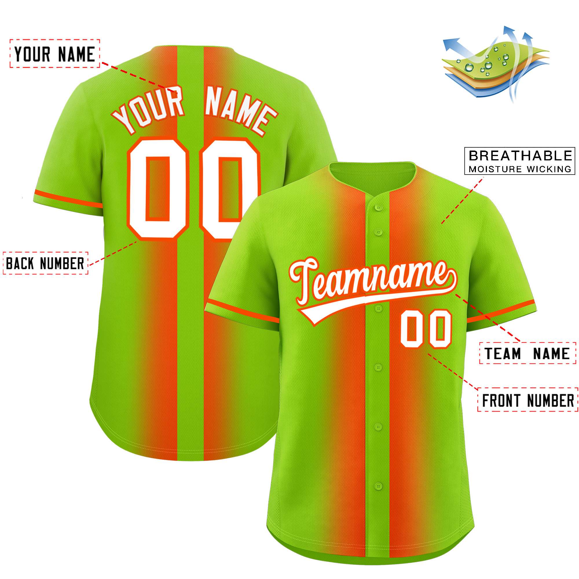 Custom Neon Green Orange Lapel Gradient Fashion Authentic Baseball Jersey