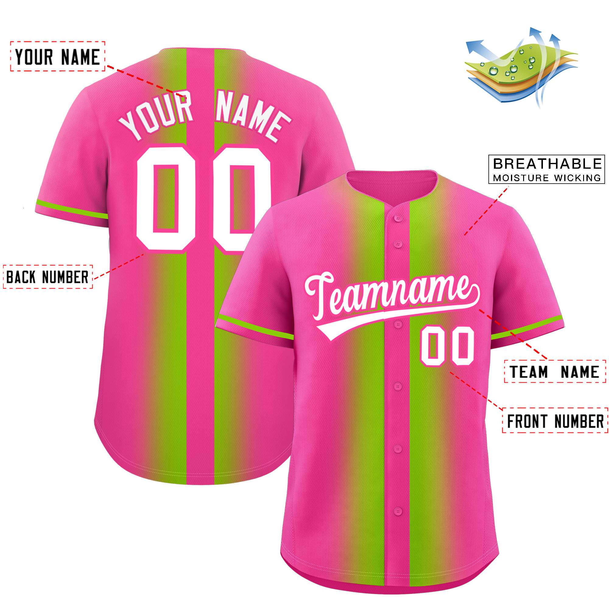 Custom Pink Neon Green Lapel Gradient Fashion Authentic Baseball Jersey