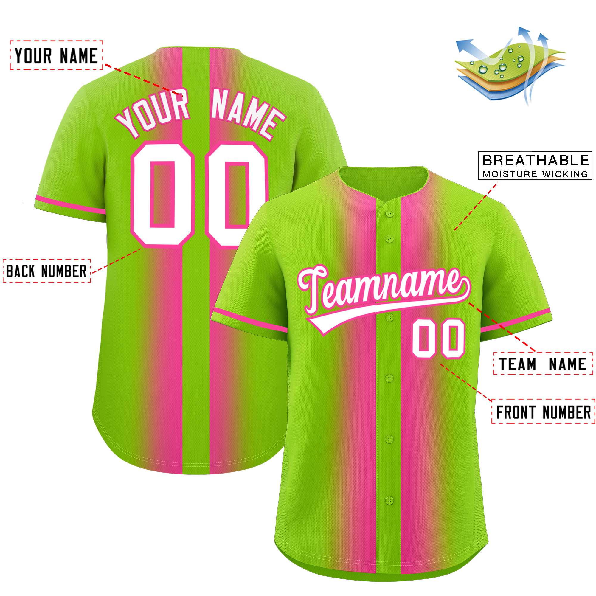 Custom Neon Green Pink Lapel Gradient Fashion Authentic Baseball Jersey