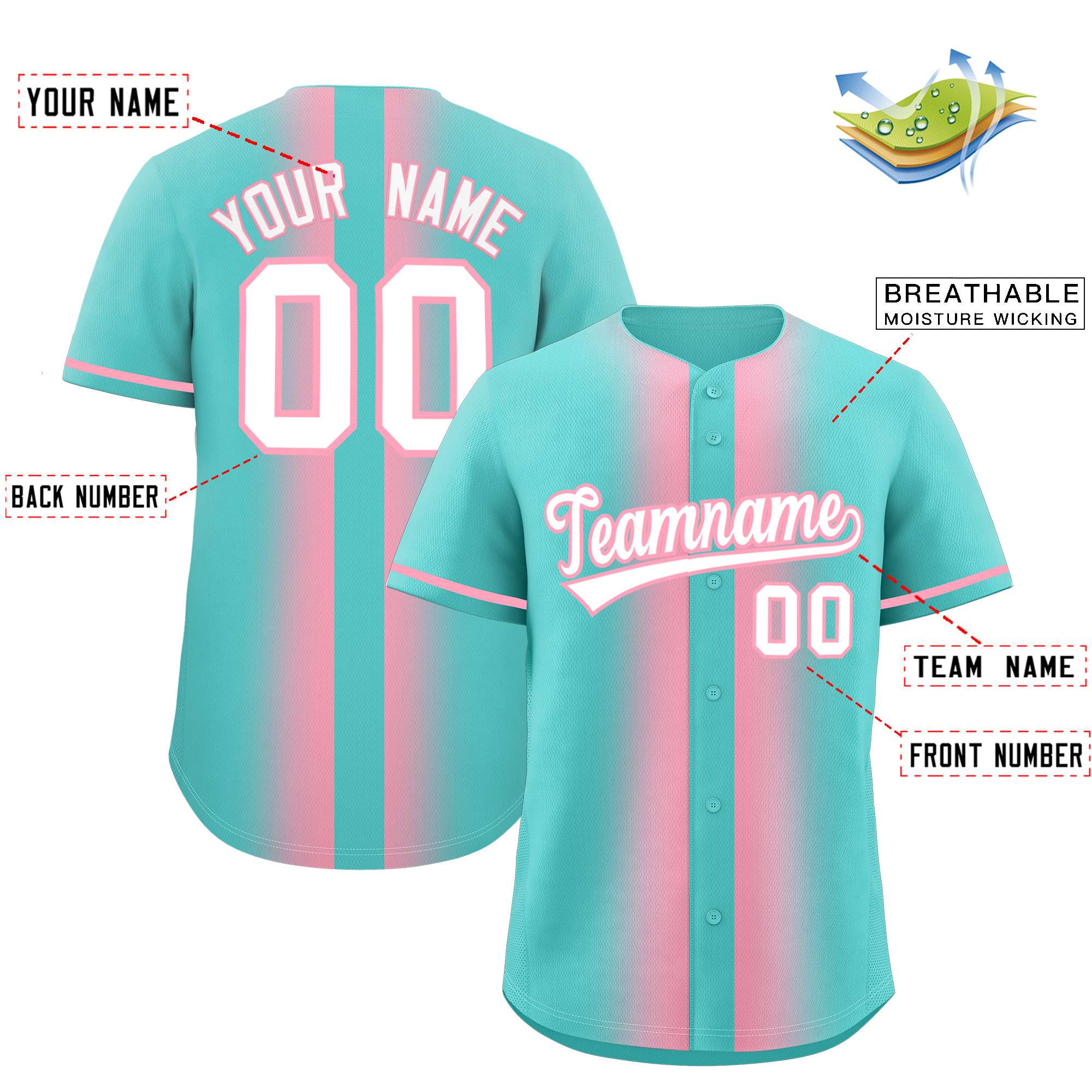 Custom Bright Green Light Pink Lapel Gradient Fashion Authentic Baseball Jersey