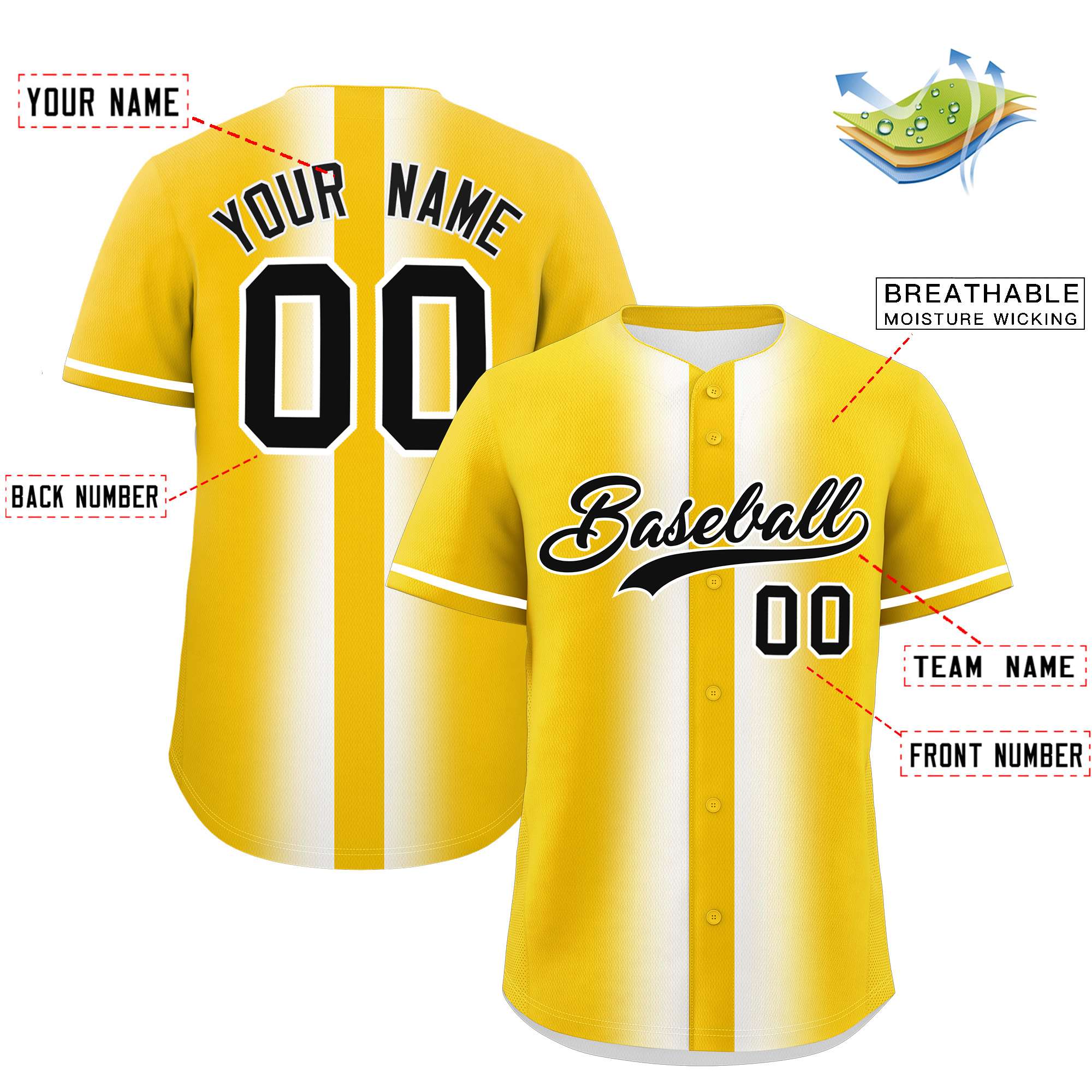 Custom Gold White Lapel Gradient Fashion Authentic Baseball Jersey