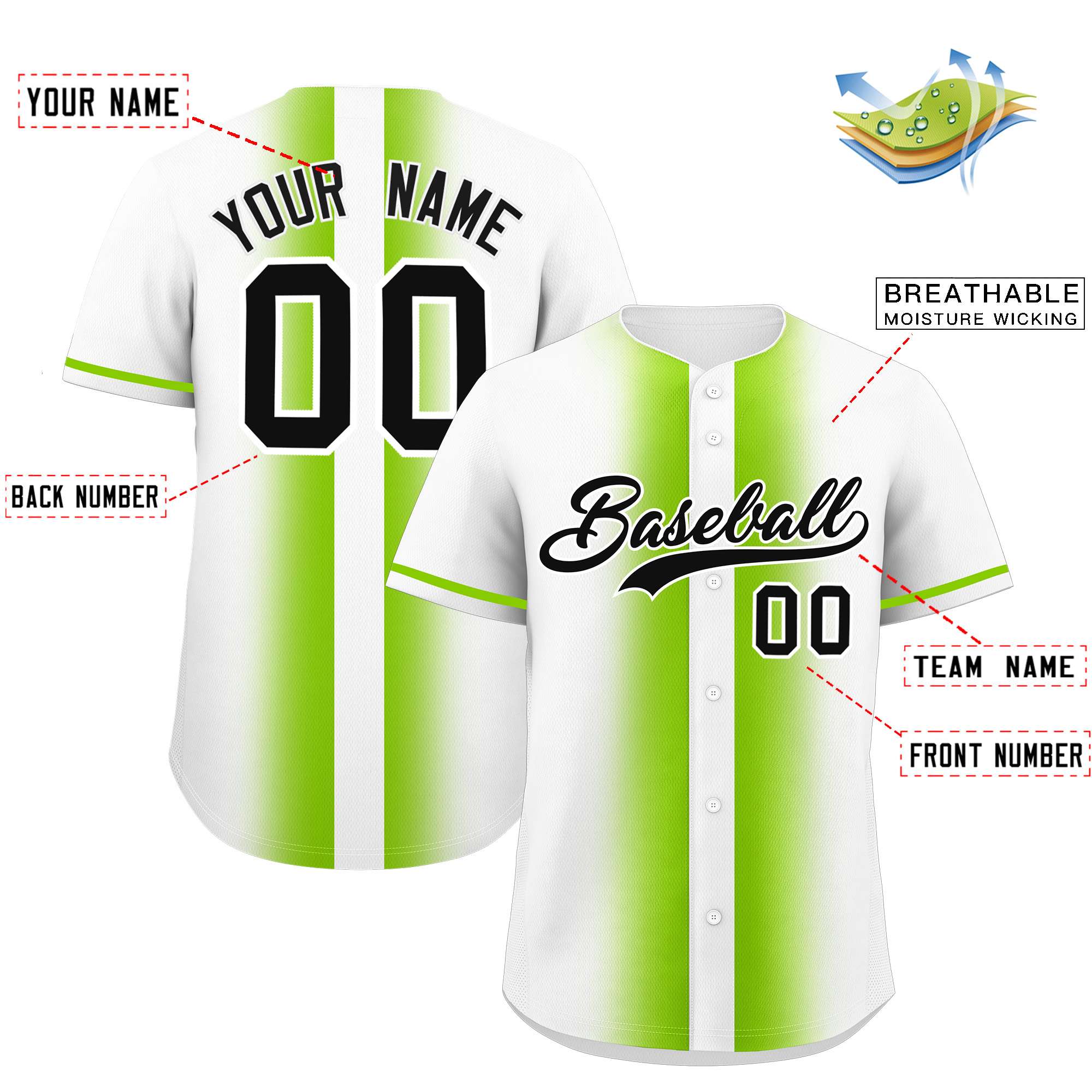 Custom White Neon Green Lapel Gradient Fashion Authentic Baseball Jersey