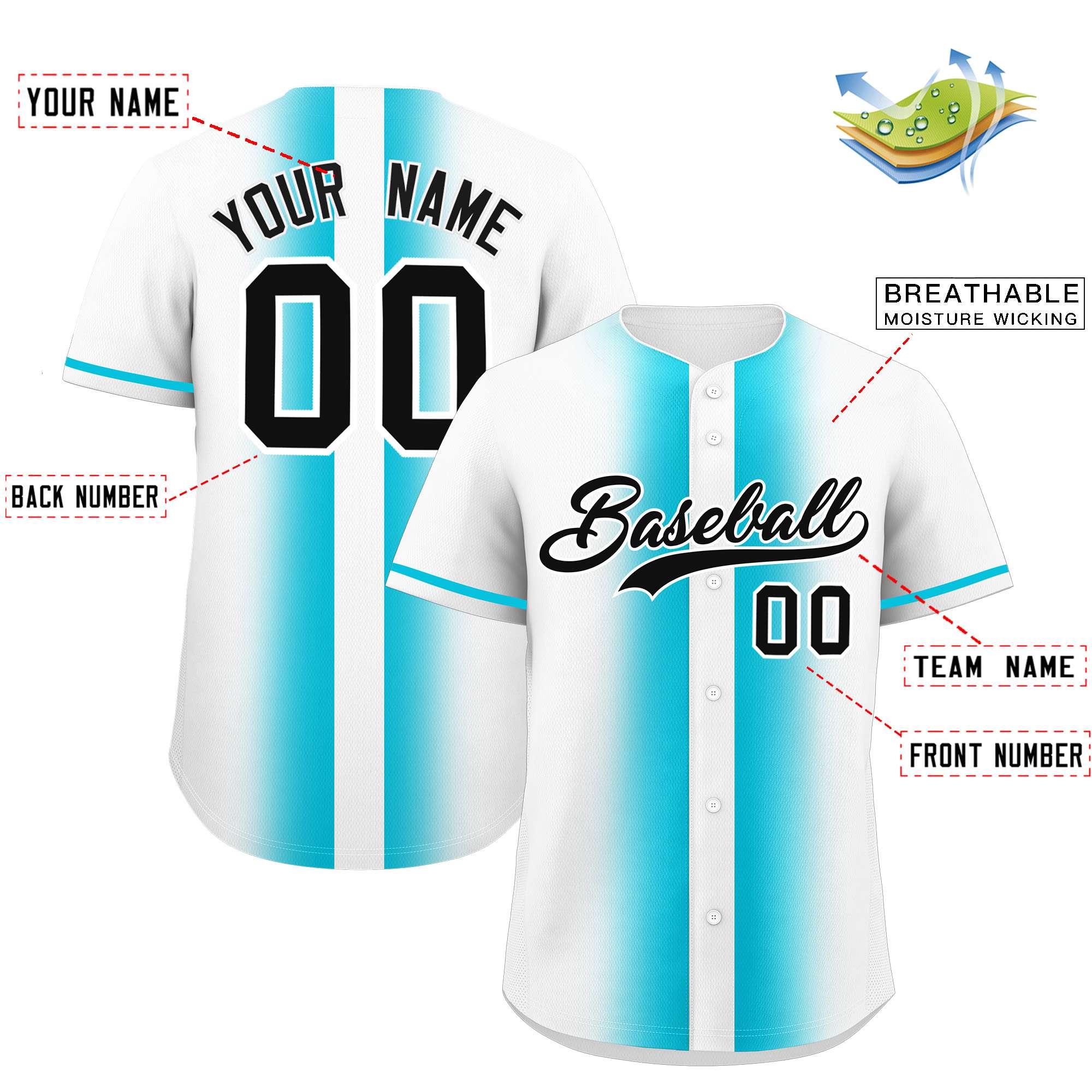 Custom White Sky Blue Lapel Gradient Fashion Authentic Baseball Jersey