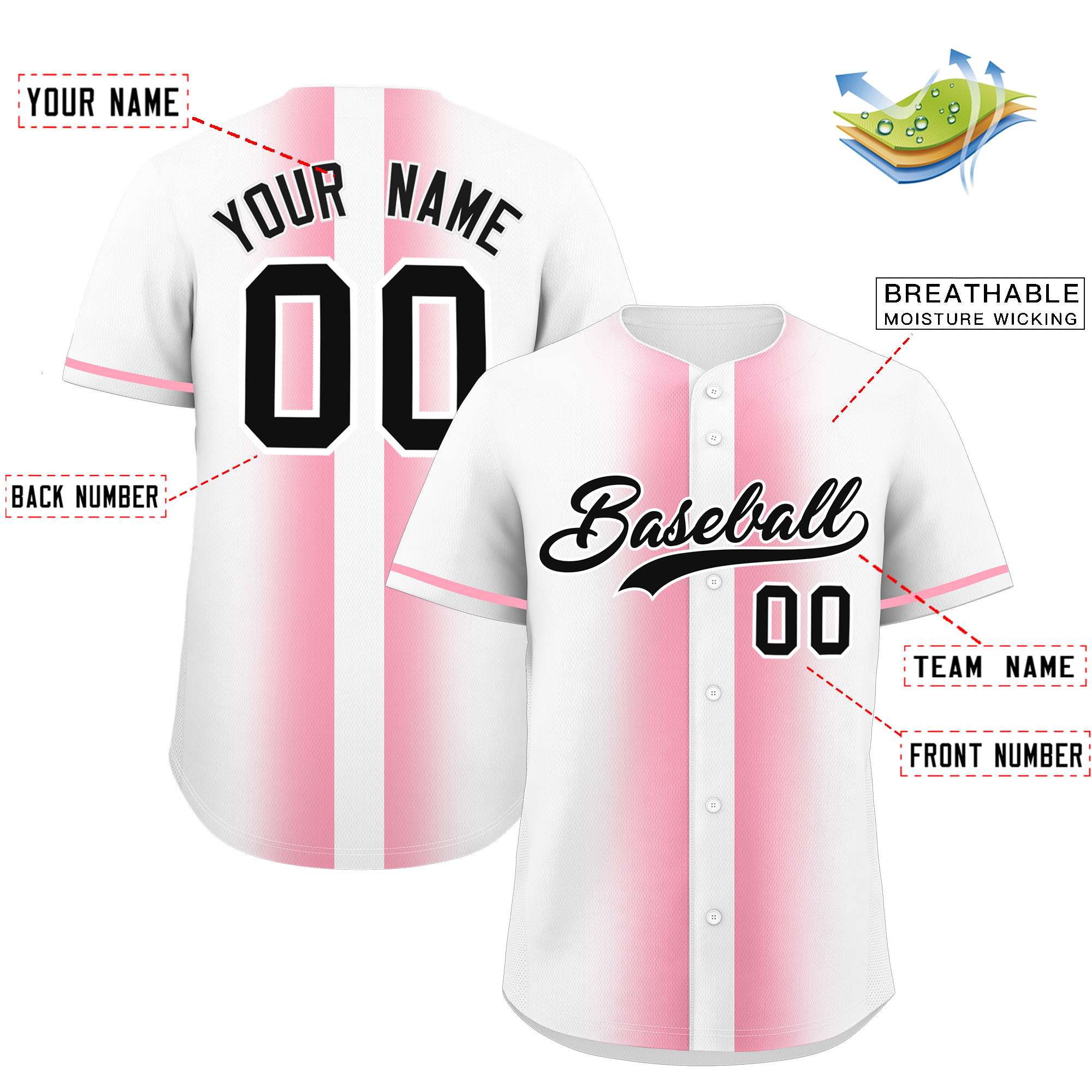 Custom White Light Pink Lapel Gradient Fashion Authentic Baseball Jersey