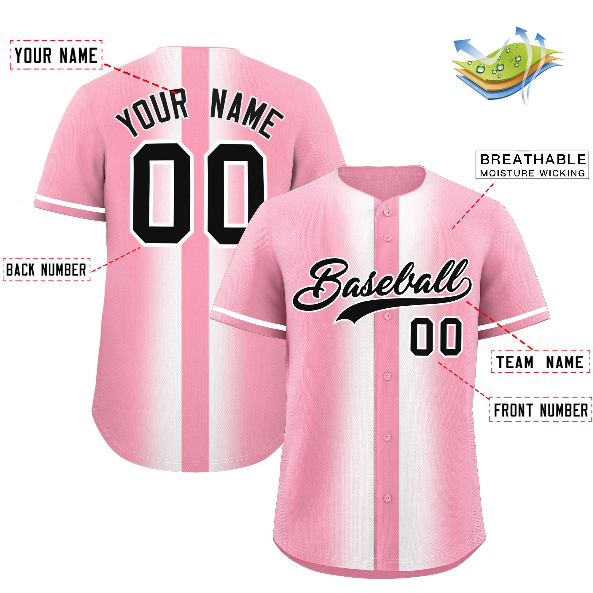 Custom Light Pink White Lapel Gradient Fashion Authentic Baseball Jersey