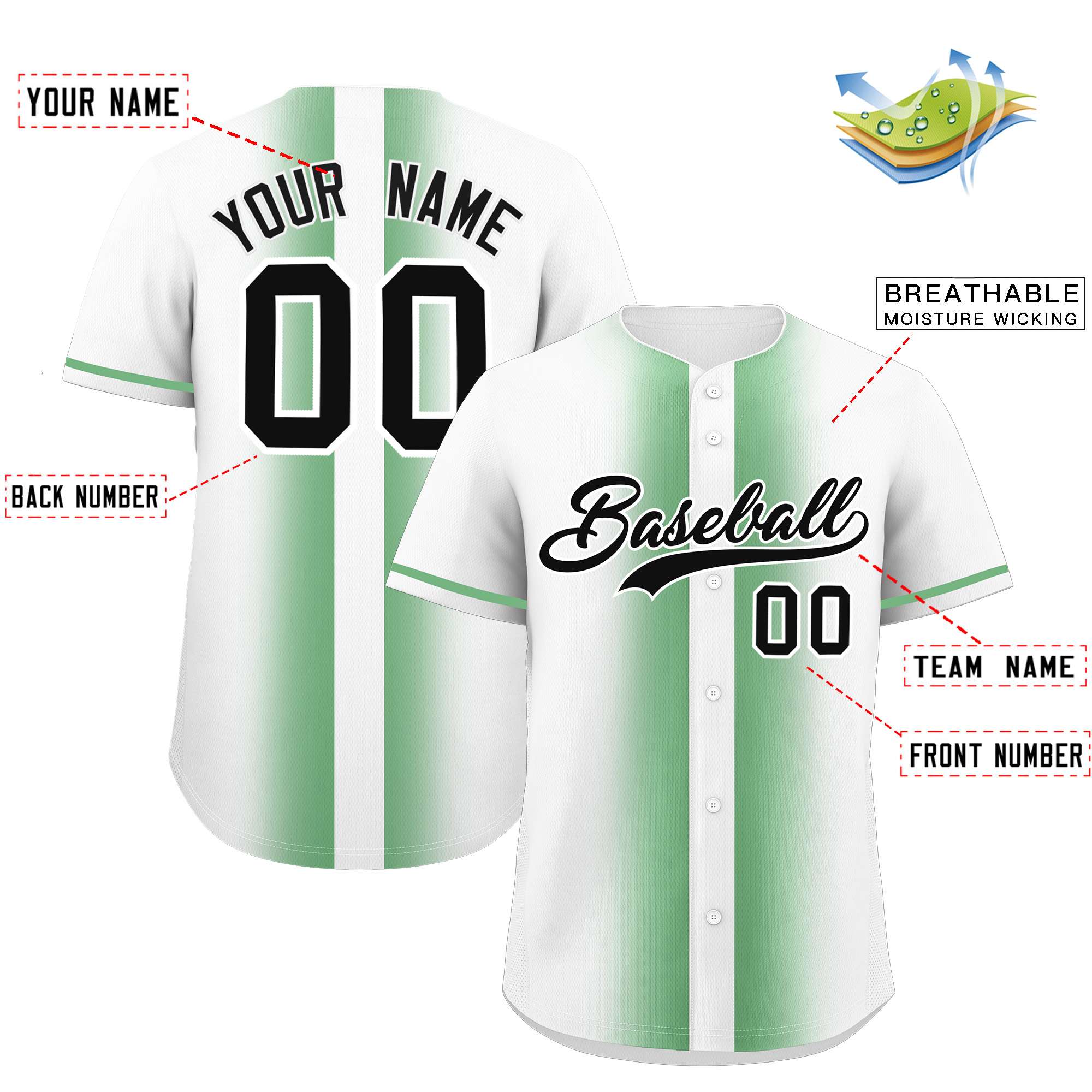 Custom Green White Lapel Gradient Fashion Authentic Baseball Jersey