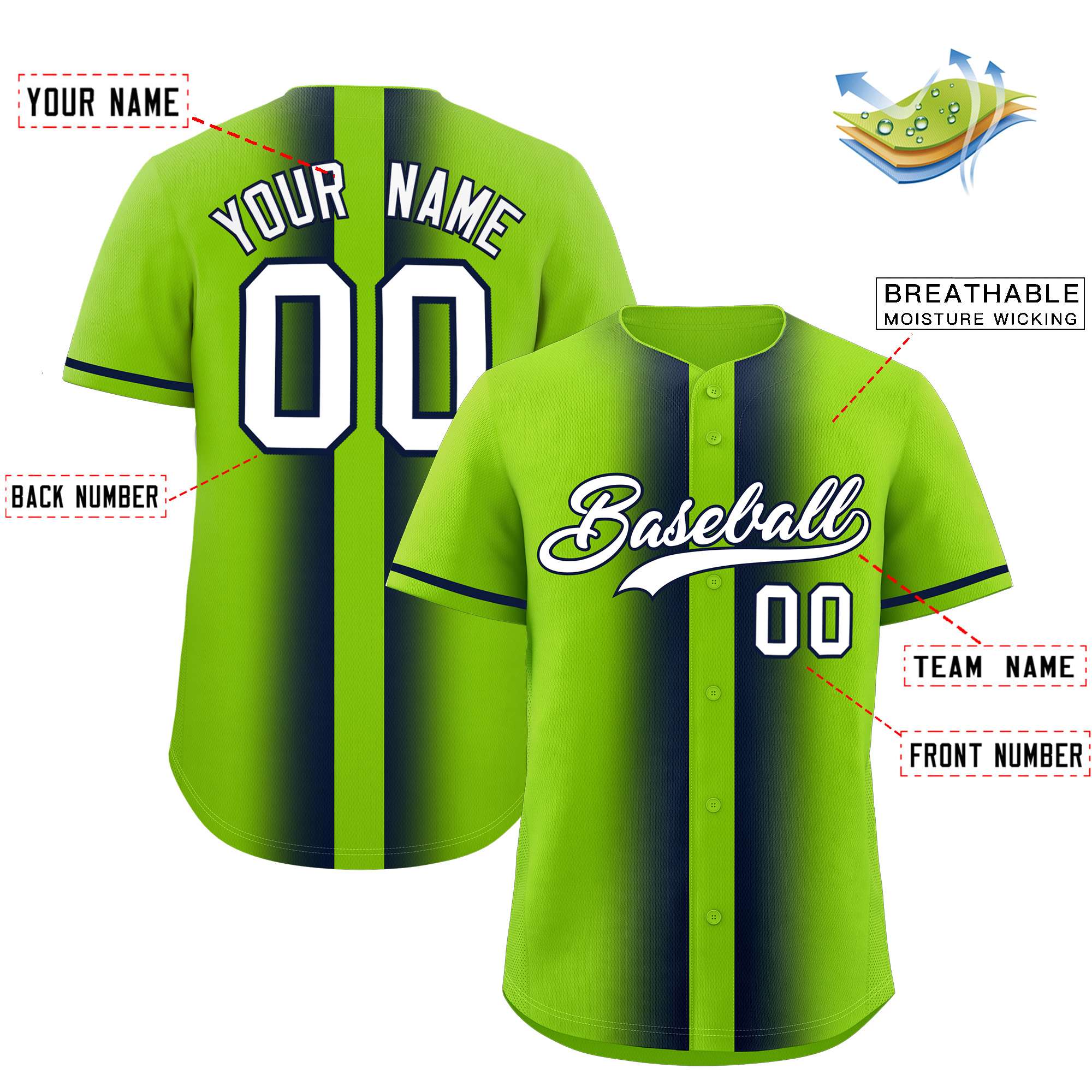 Custom Neon Green Navy Lapel Gradient Fashion Authentic Baseball Jersey