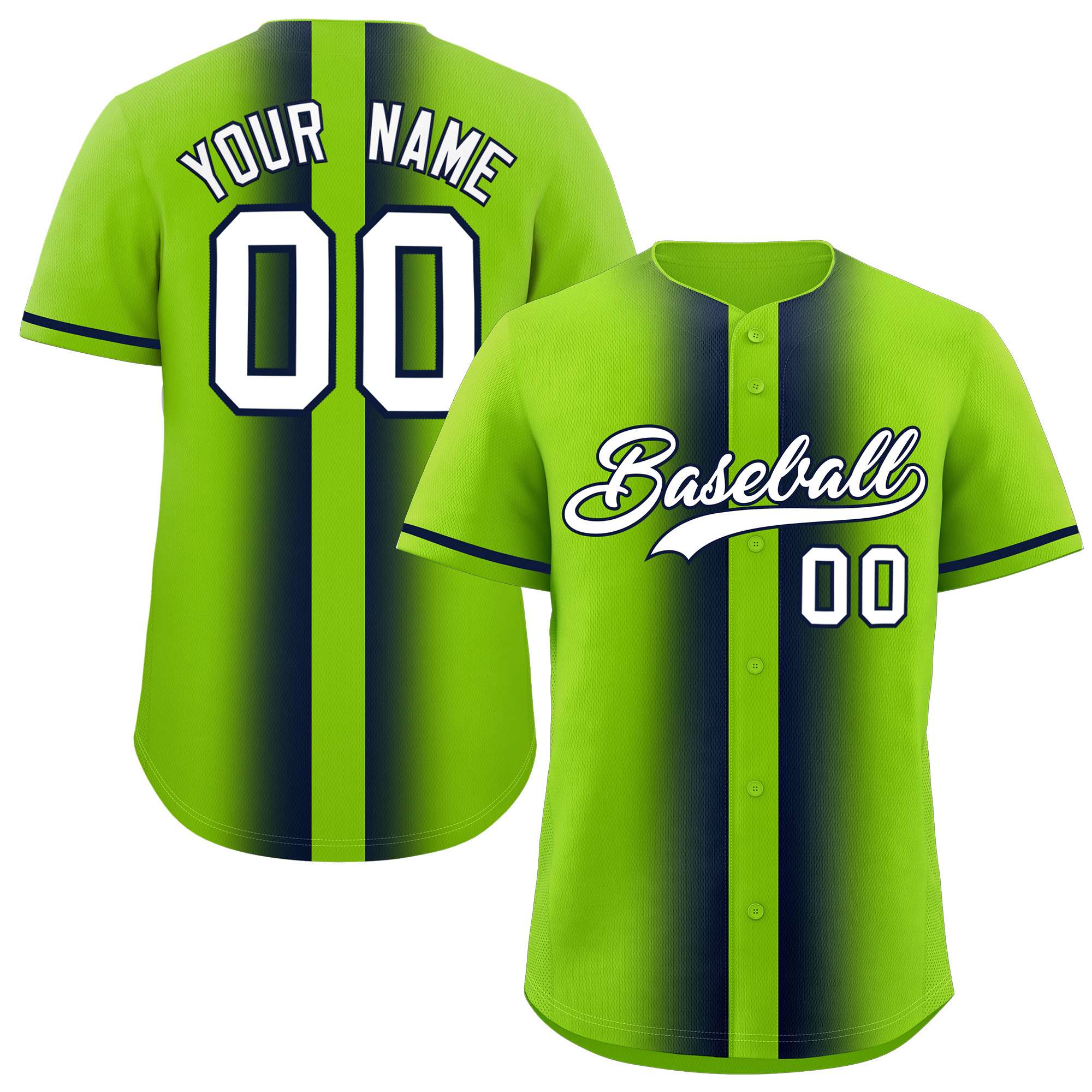 Custom Neon Green Navy Lapel Gradient Fashion Authentic Baseball Jersey