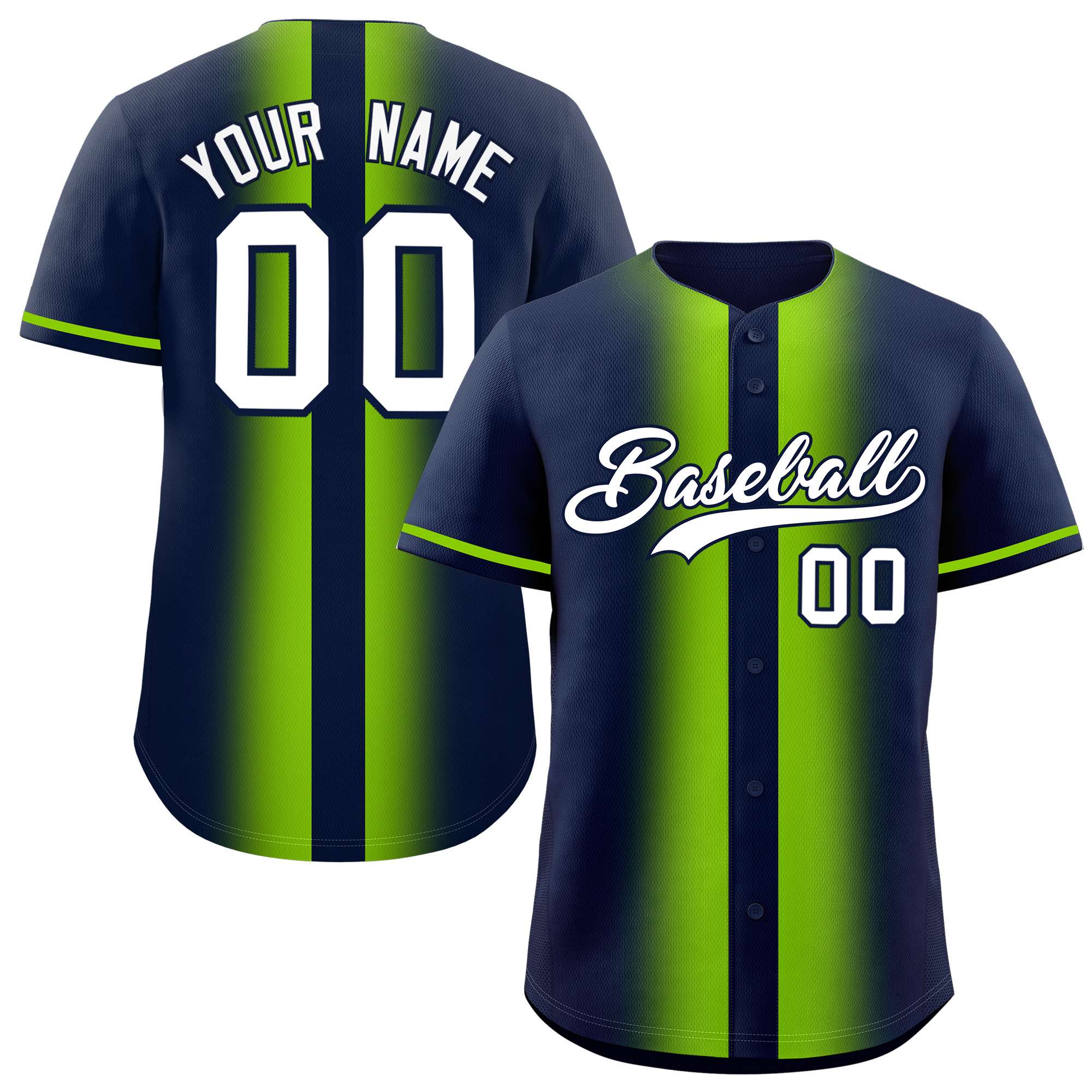 Custom Navy Neon Green Lapel Gradient Fashion Authentic Baseball Jersey