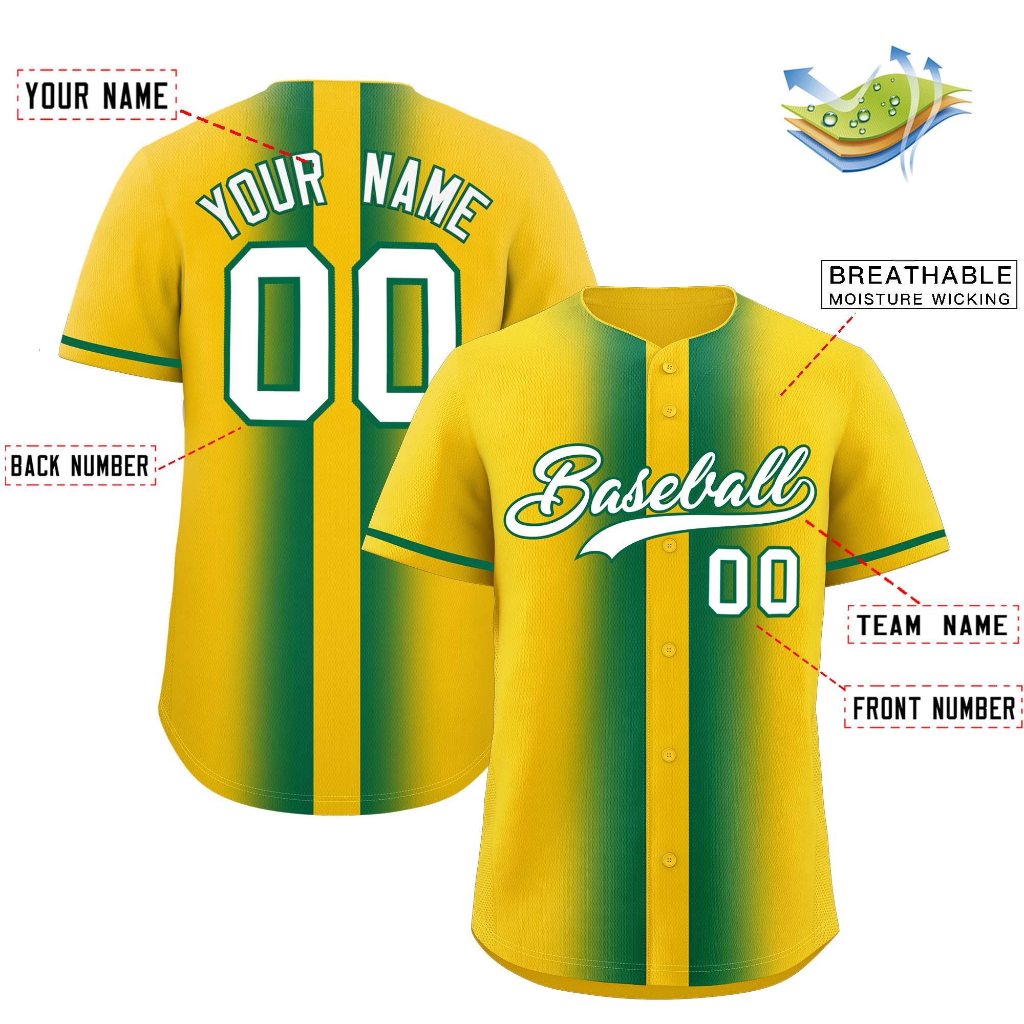 Custom Gold Kelly Green Lapel Gradient Fashion Authentic Baseball Jersey