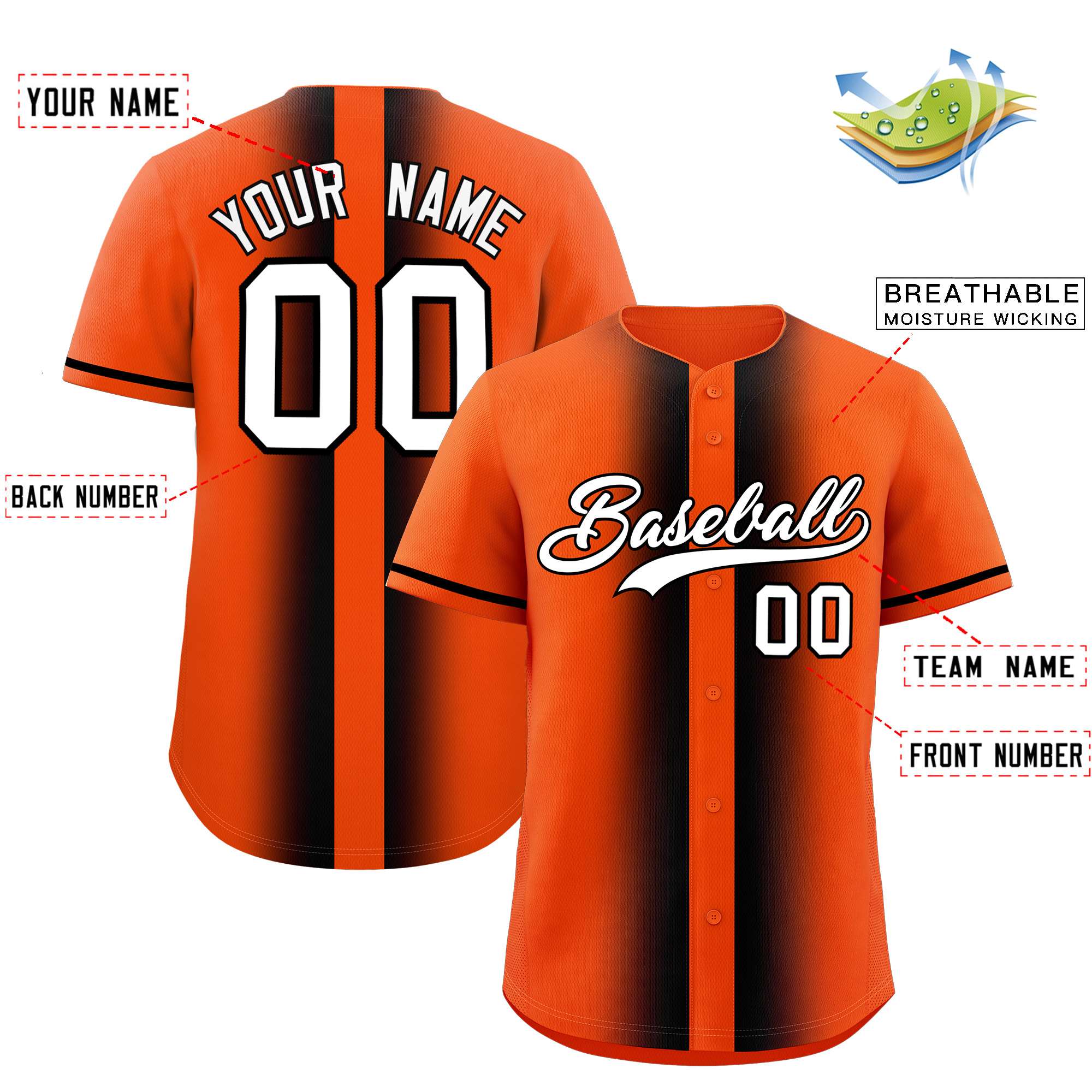 Custom Orange Black Lapel Gradient Fashion Authentic Baseball Jersey