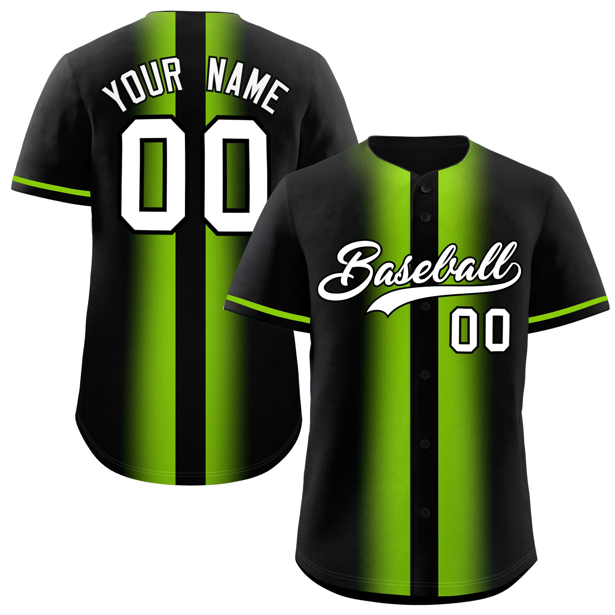 Custom Black Neon Green Lapel Gradient Fashion Authentic Baseball Jersey