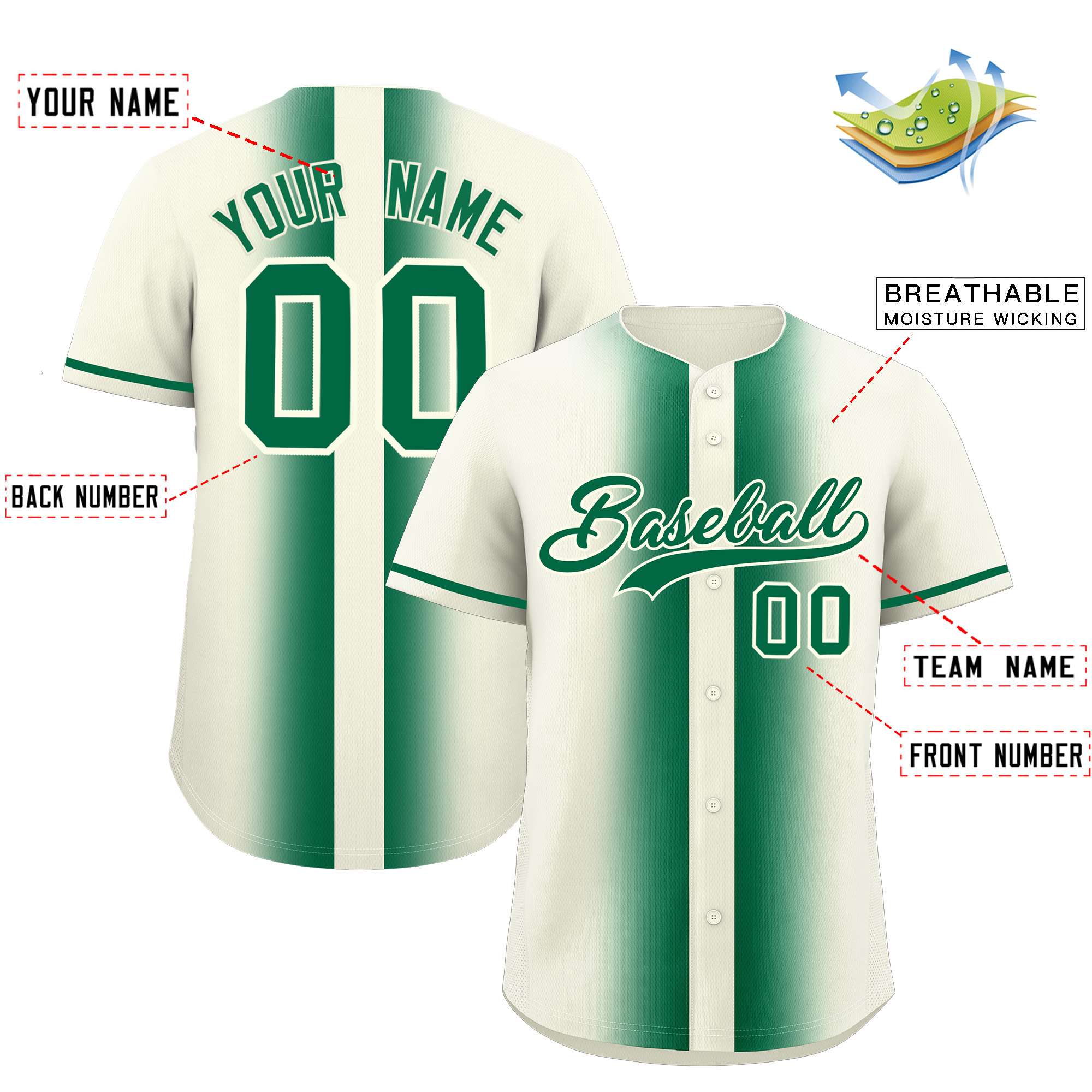 Custom Cream Kelly Green Lapel Gradient Fashion Authentic Baseball Jersey