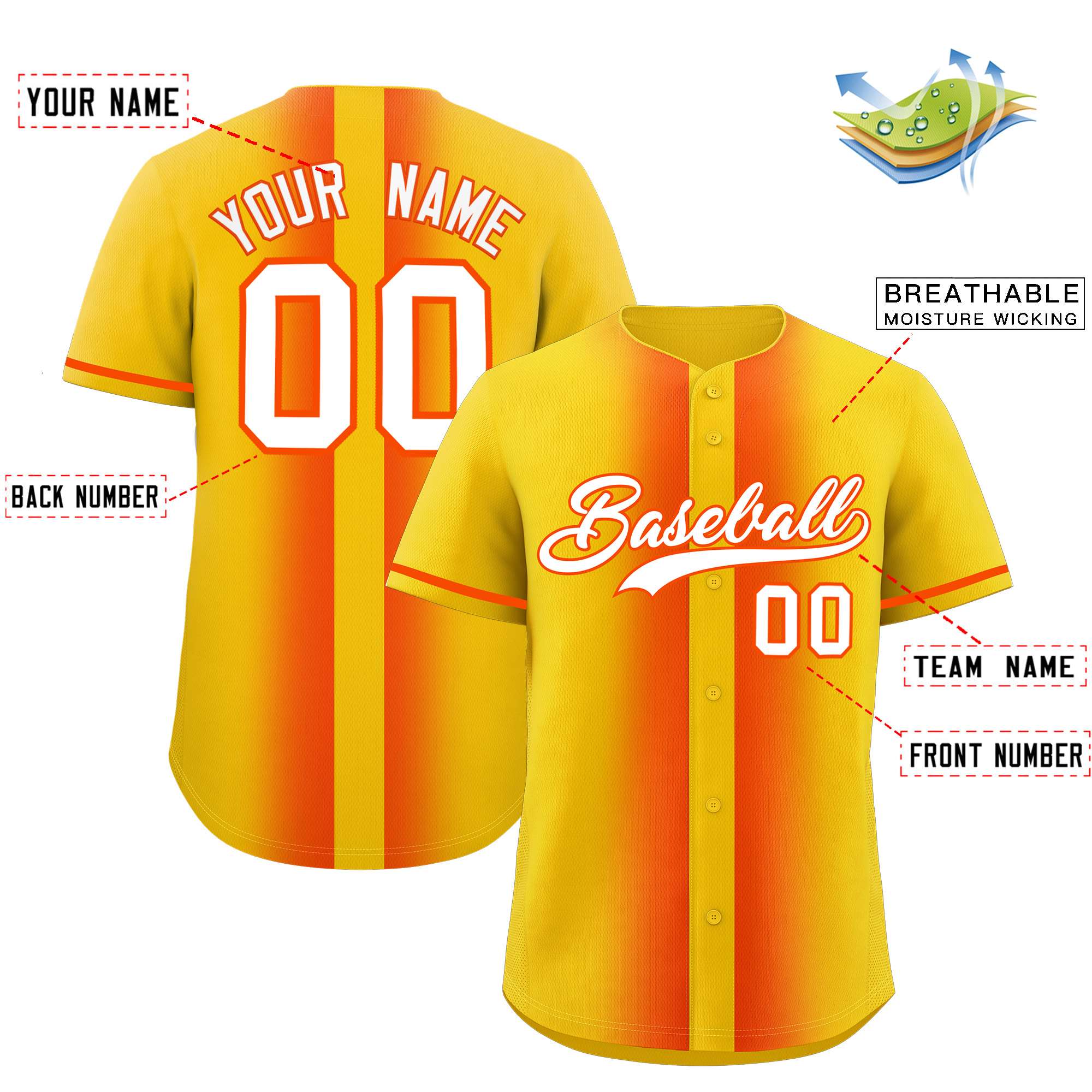 Custom Gold Orange Lapel Gradient Fashion Authentic Baseball Jersey