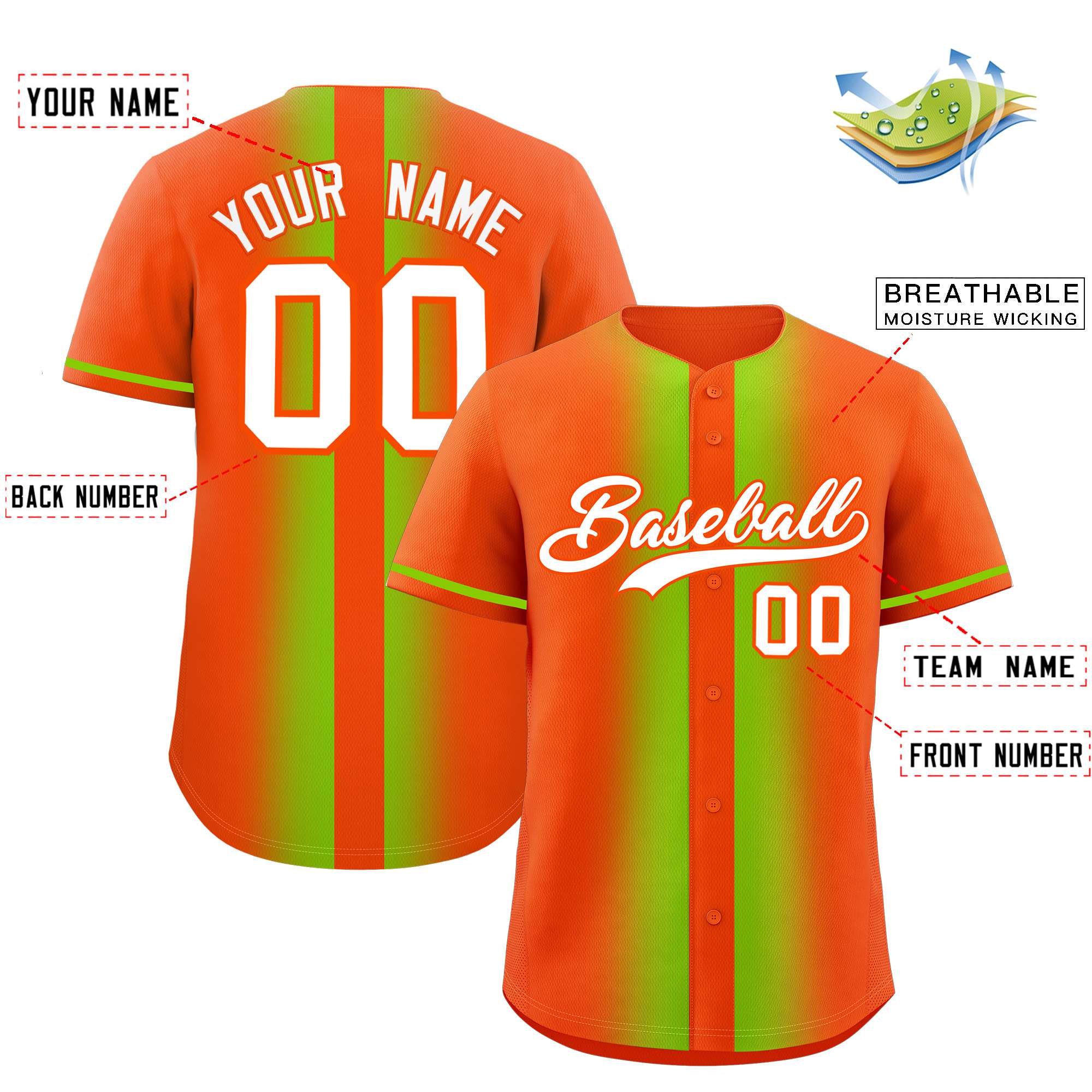 Custom Orange Neon Green Lapel Gradient Fashion Authentic Baseball Jersey