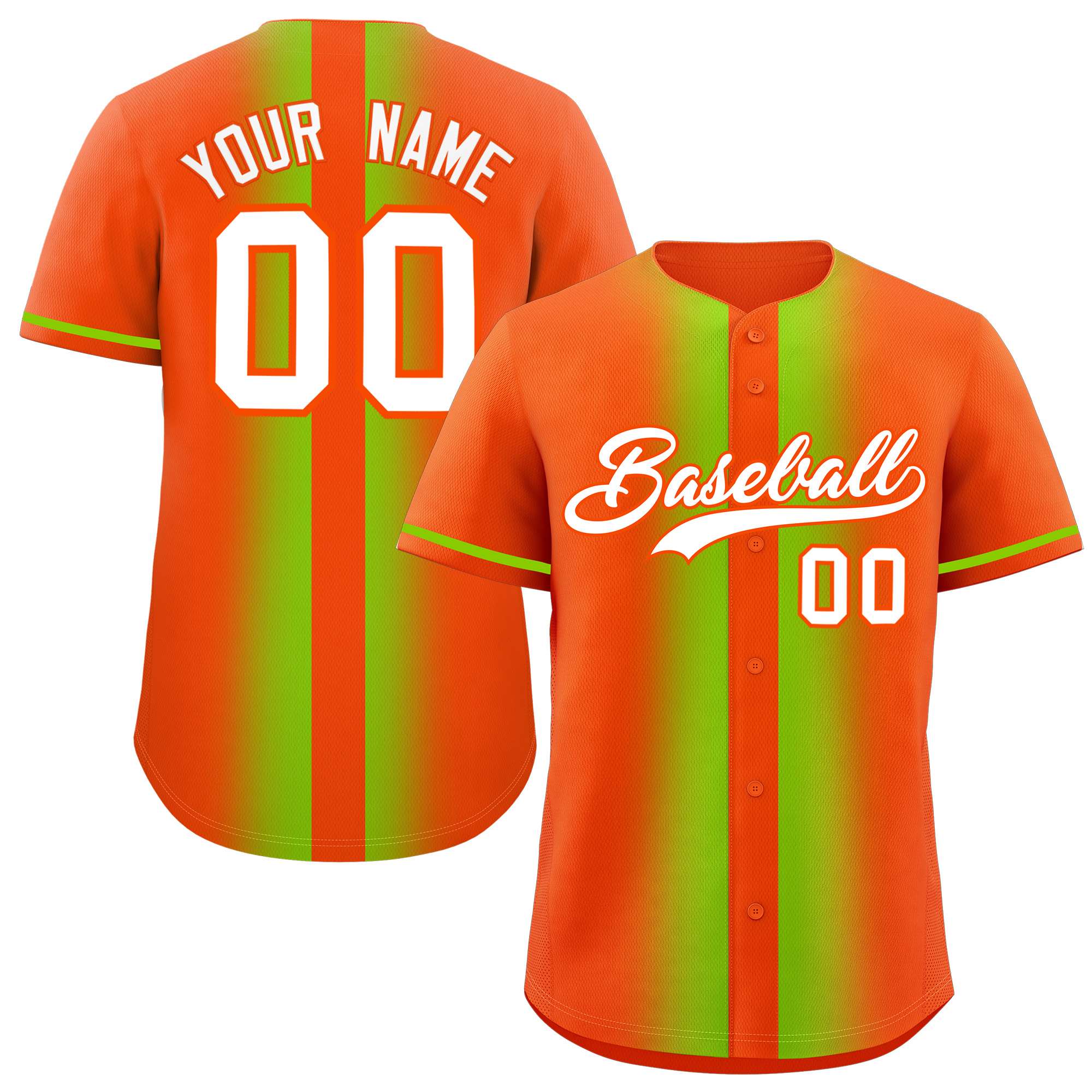 Custom Orange Neon Green Lapel Gradient Fashion Authentic Baseball Jersey