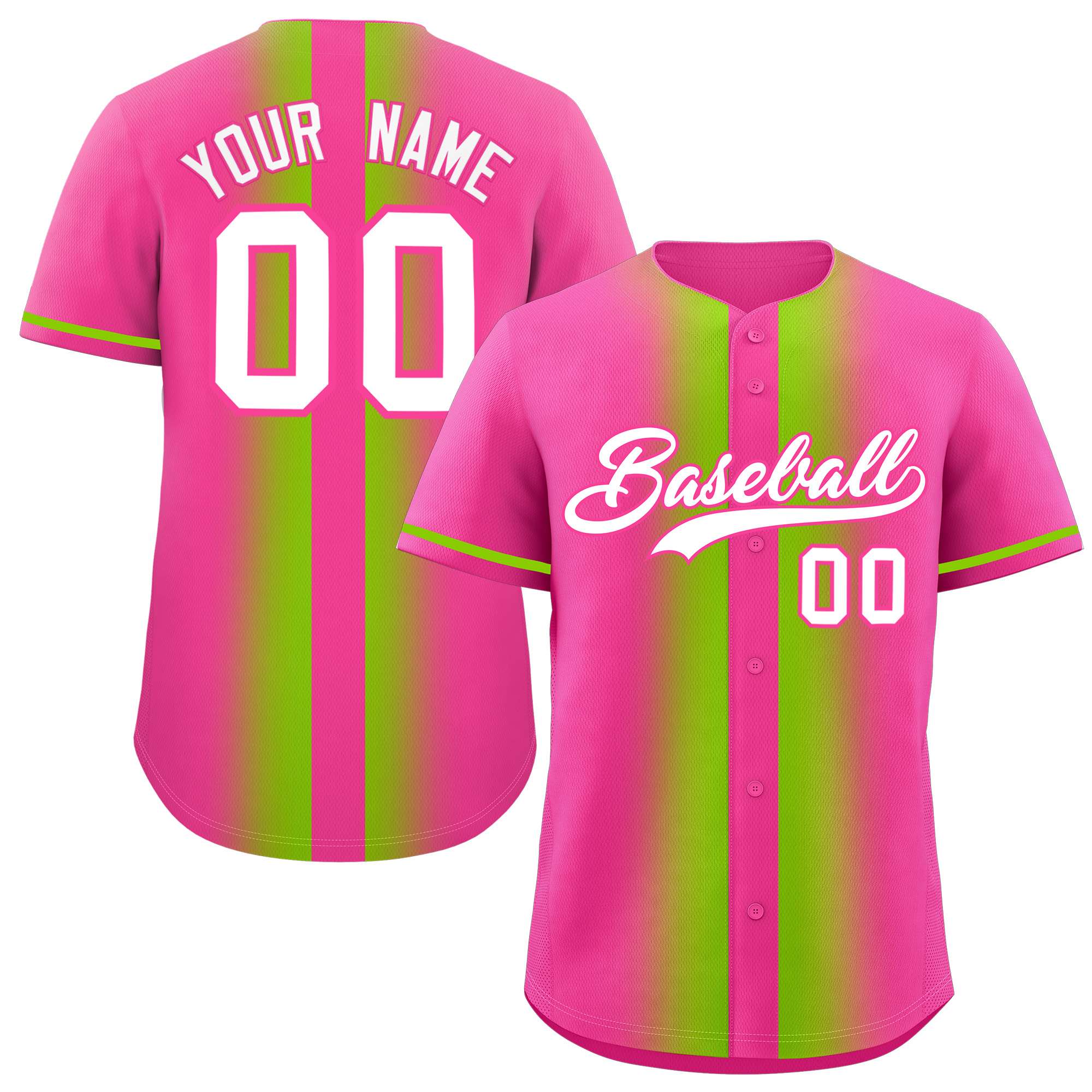 Custom Pink Neon Green Lapel Gradient Fashion Authentic Baseball Jersey