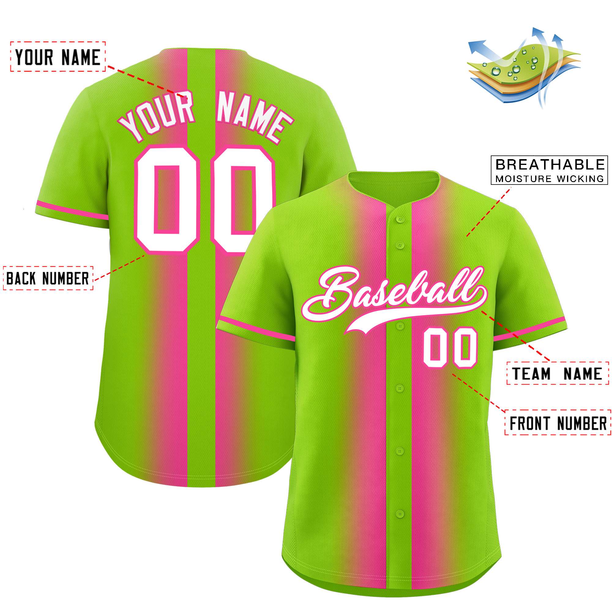 Custom Neon Green Pink Lapel Gradient Fashion Authentic Baseball Jersey