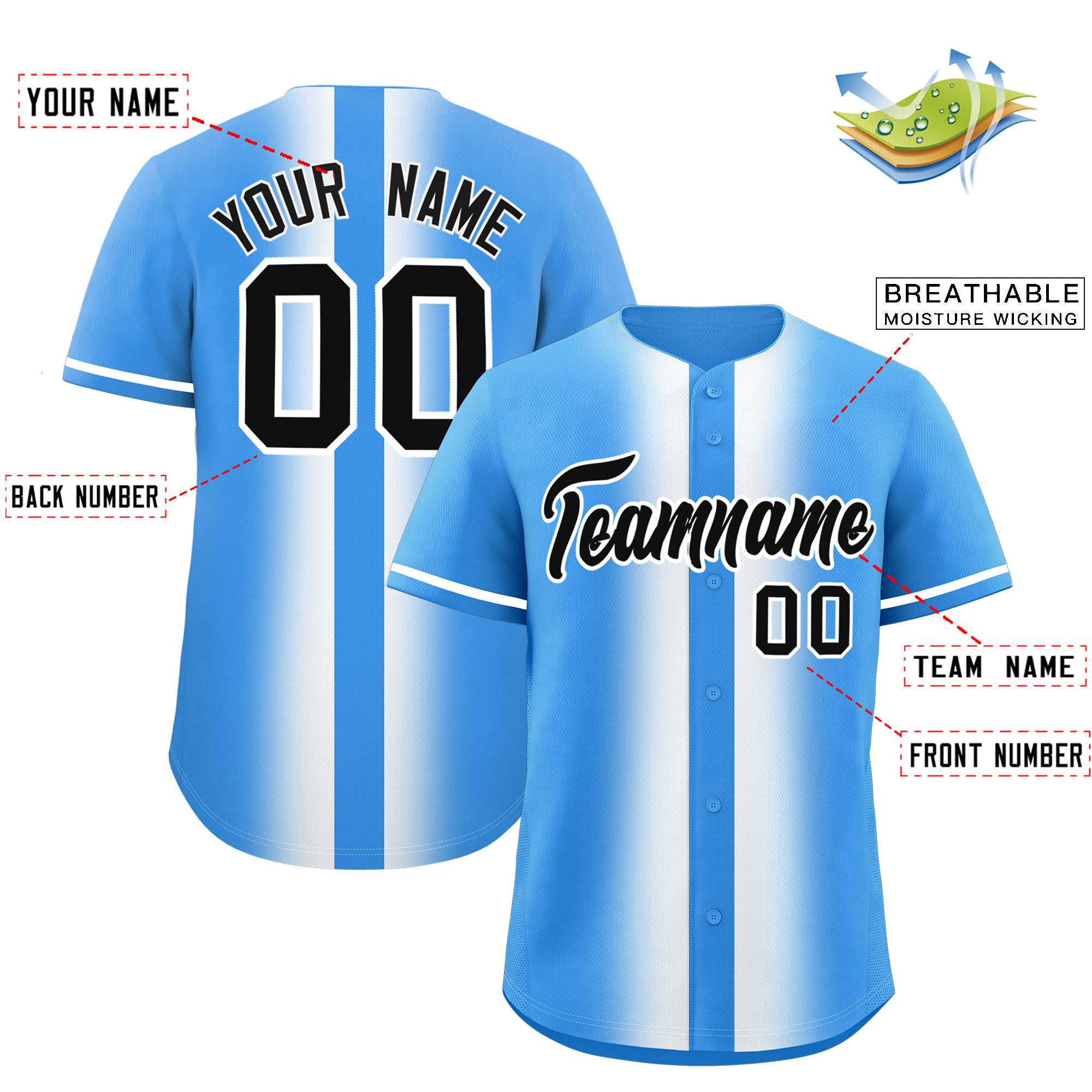 Custom Powder Blue White Lapel Gradient Fashion Authentic Baseball Jersey