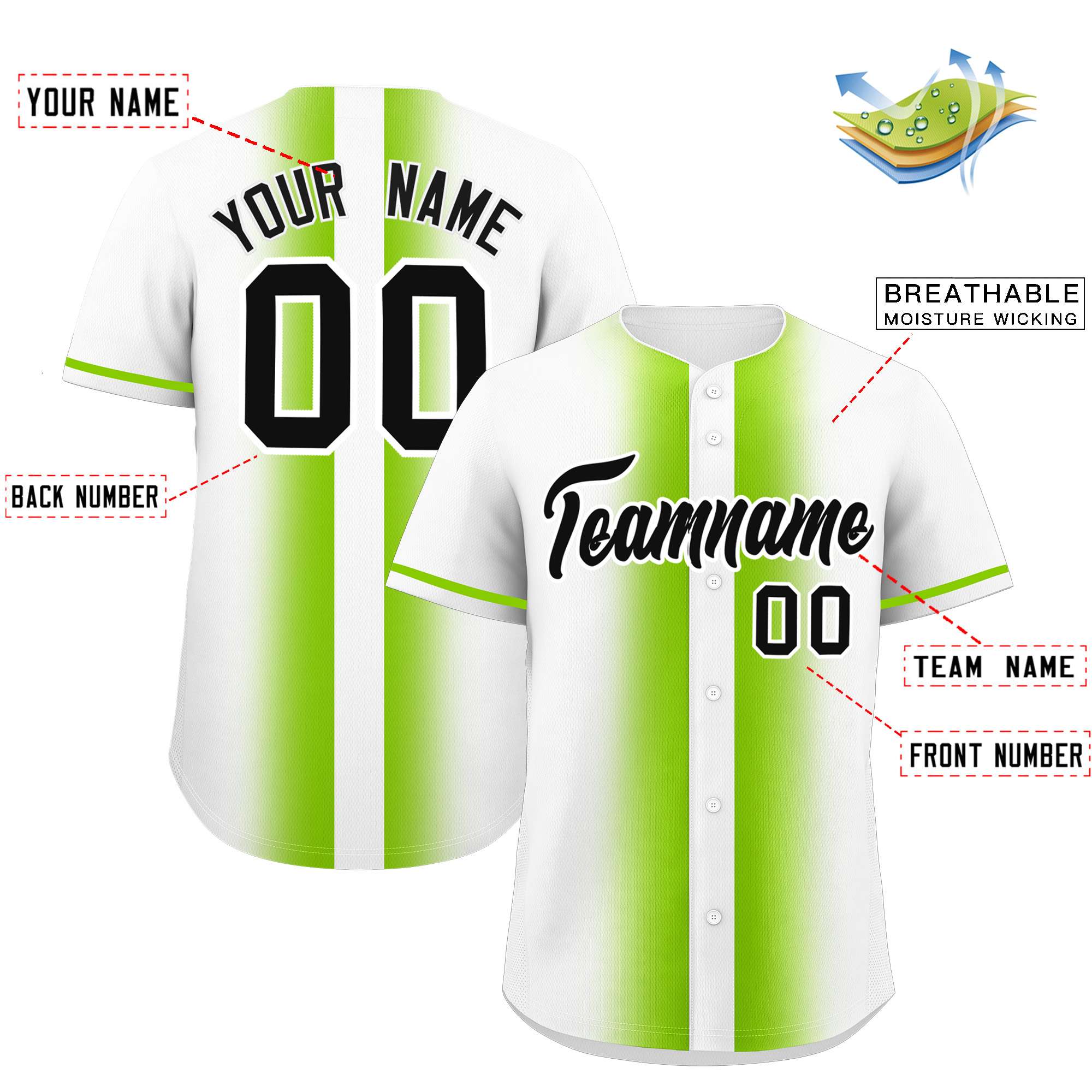 Custom White Neon Green Lapel Gradient Fashion Authentic Baseball Jersey