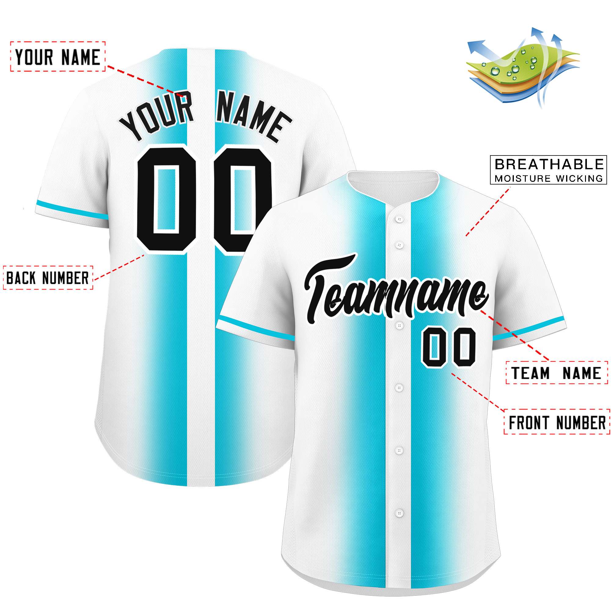 Custom White Sky Blue Lapel Gradient Fashion Authentic Baseball Jersey