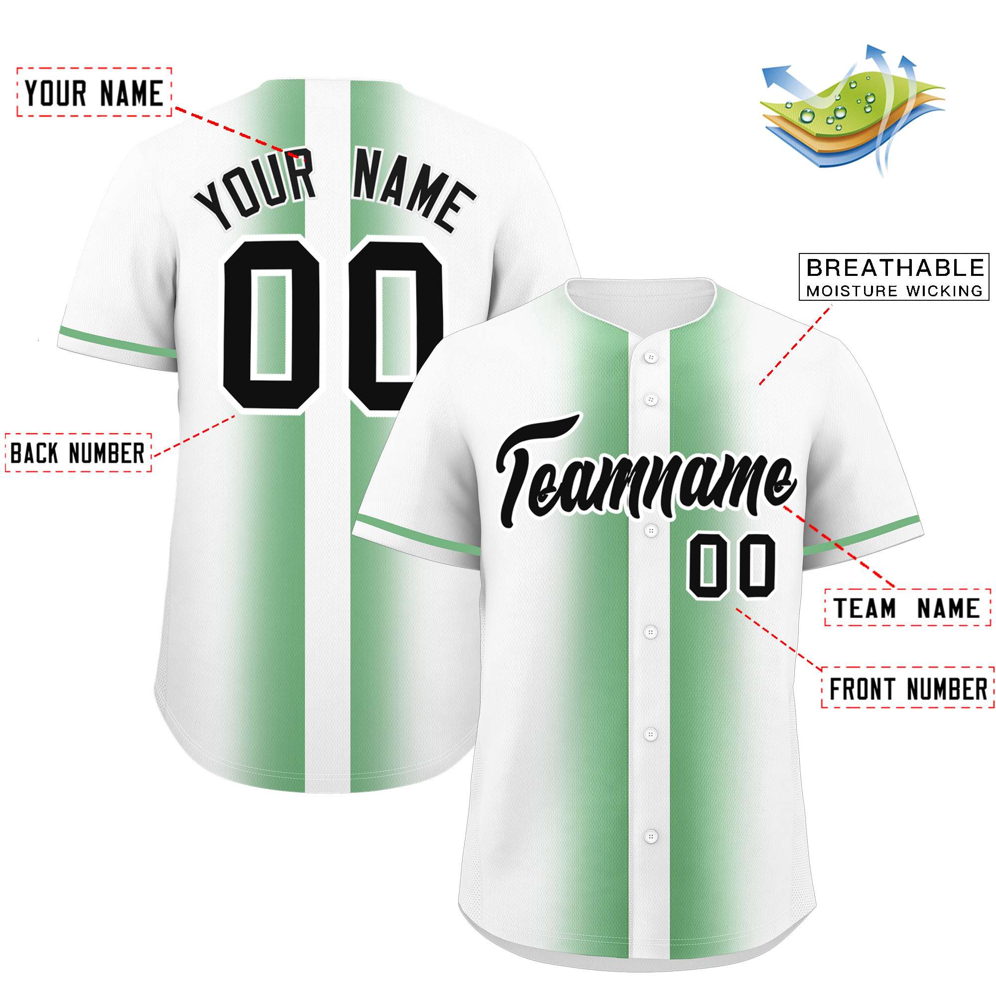 Custom Green White Lapel Gradient Fashion Authentic Baseball Jersey