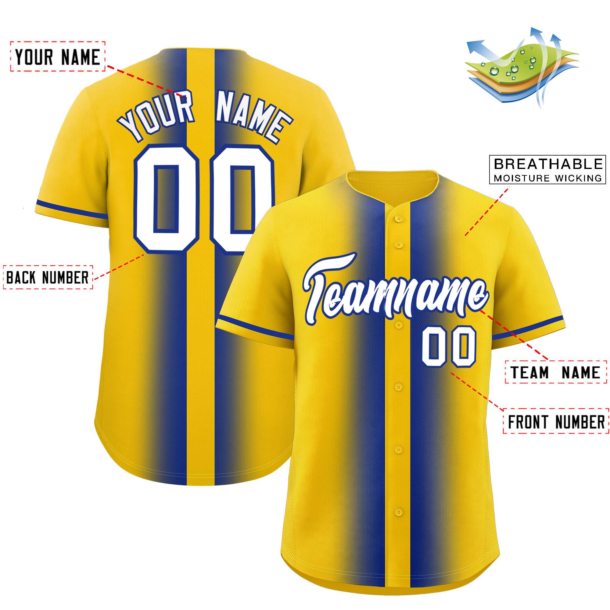 Custom Gold Royal Lapel Gradient Fashion Authentic Baseball Jersey