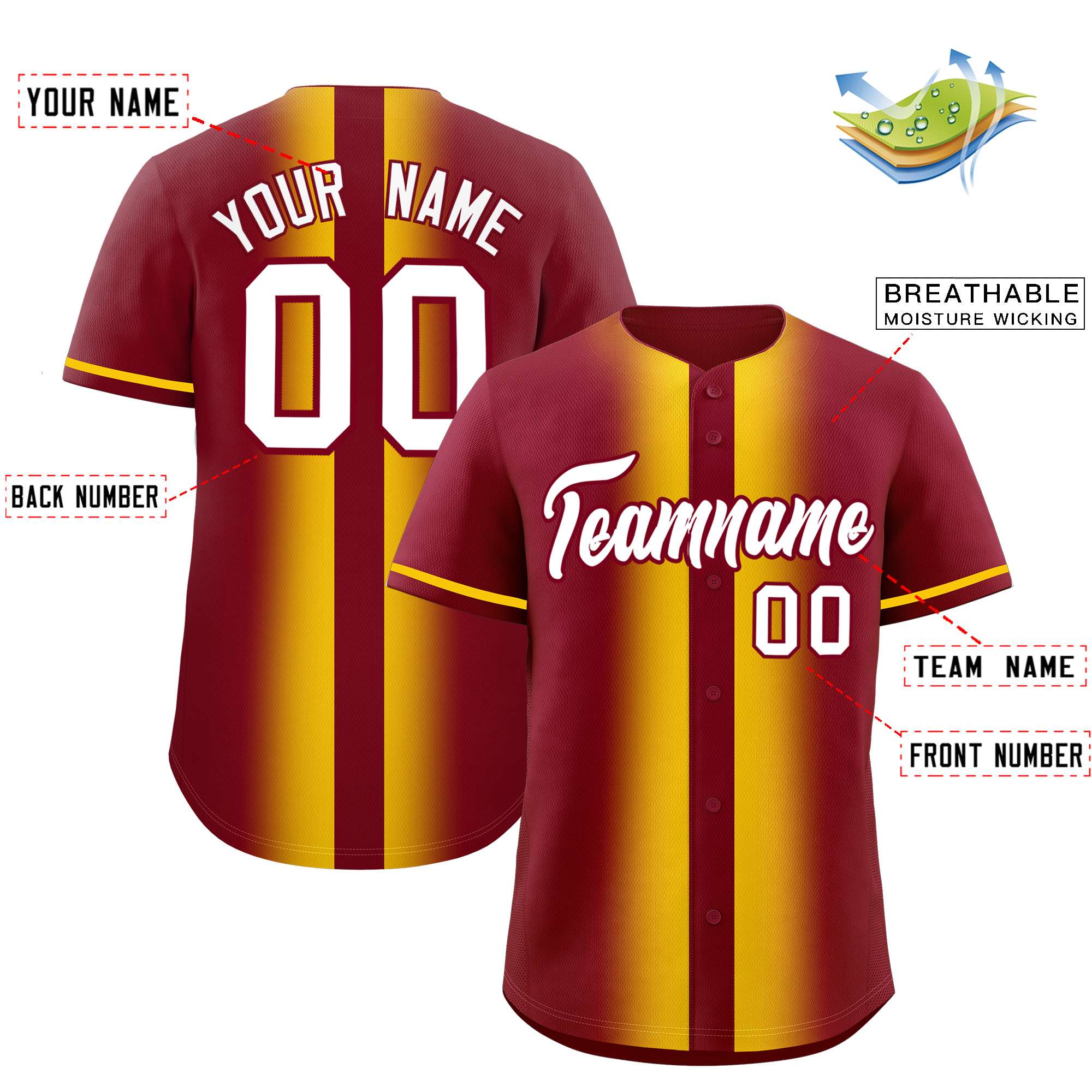 Custom Crimson Gold Lapel Gradient Fashion Authentic Baseball Jersey