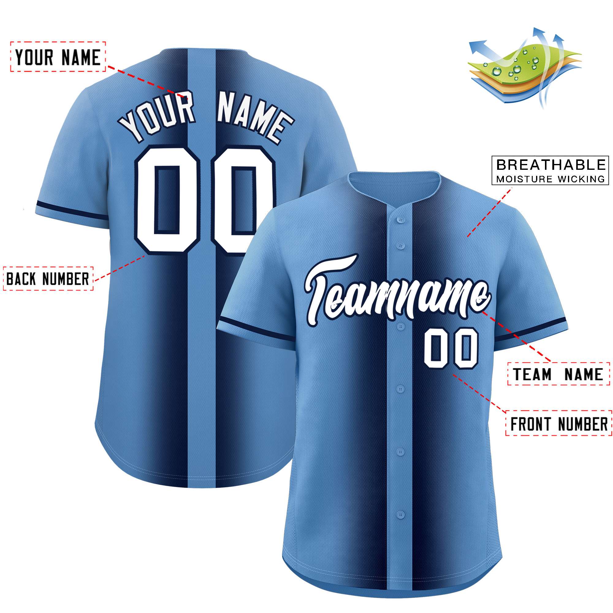 Custom Light Blue Navy Lapel Gradient Fashion Authentic Baseball Jersey