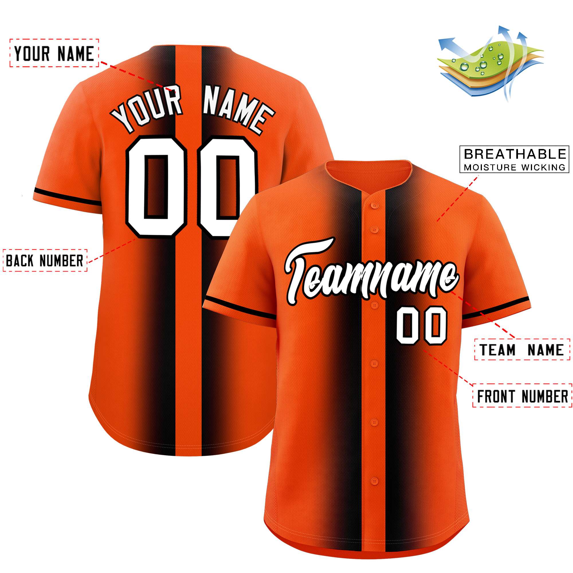 Custom Orange Black Lapel Gradient Fashion Authentic Baseball Jersey