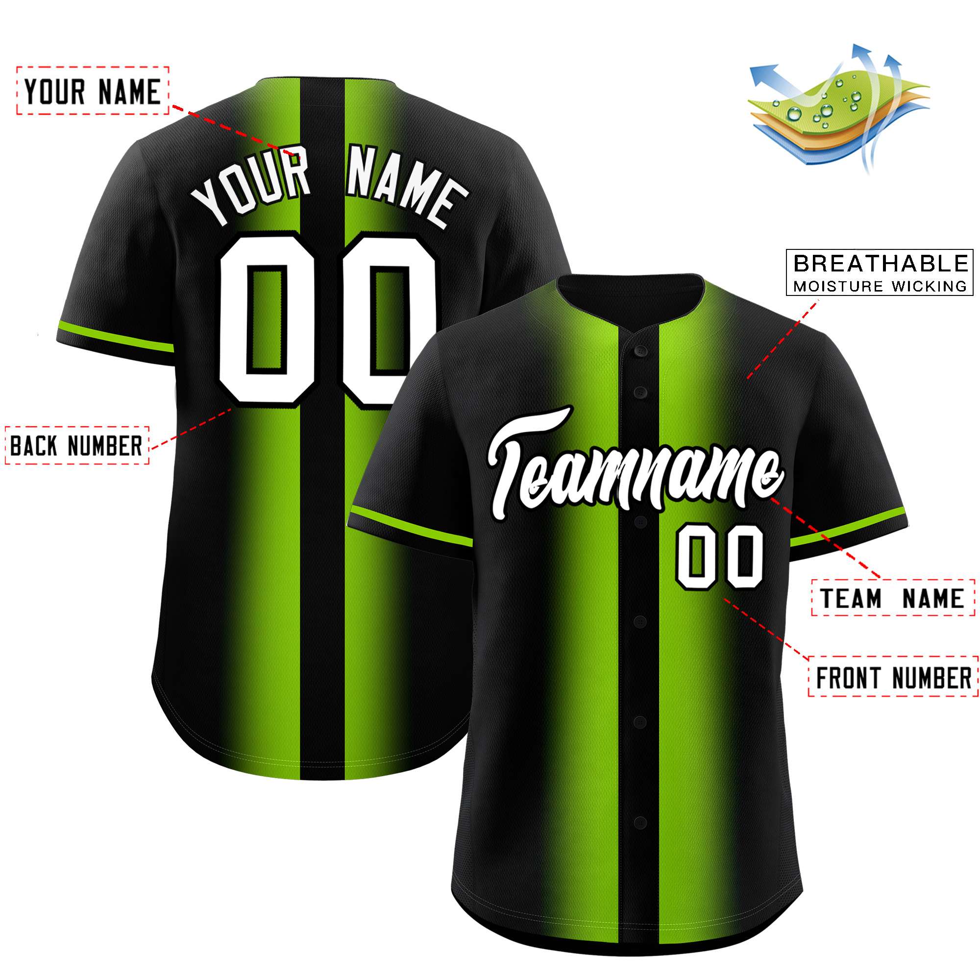 Custom Black Neon Green Lapel Gradient Fashion Authentic Baseball Jersey