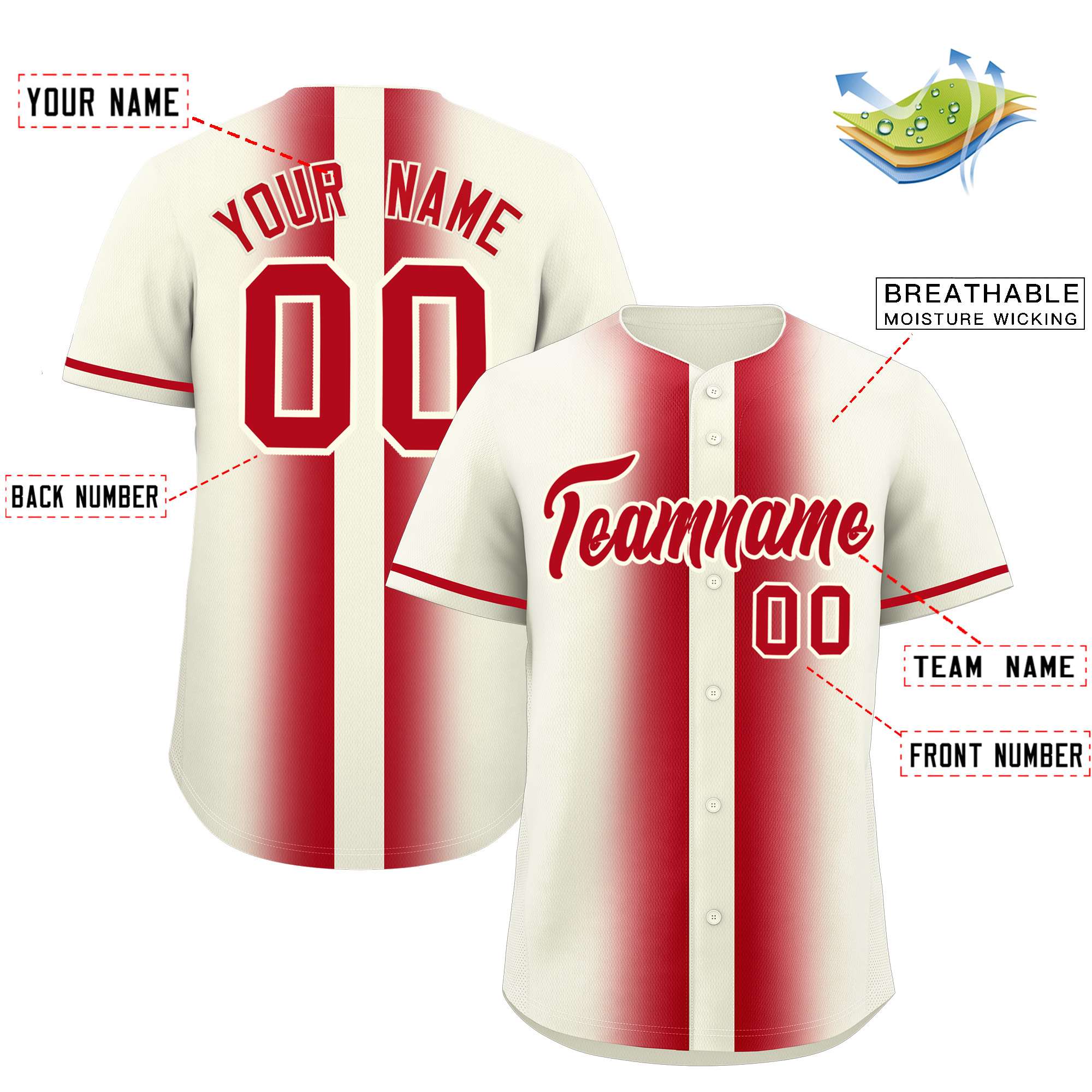 Custom Cream Red Lapel Gradient Fashion Authentic Baseball Jersey