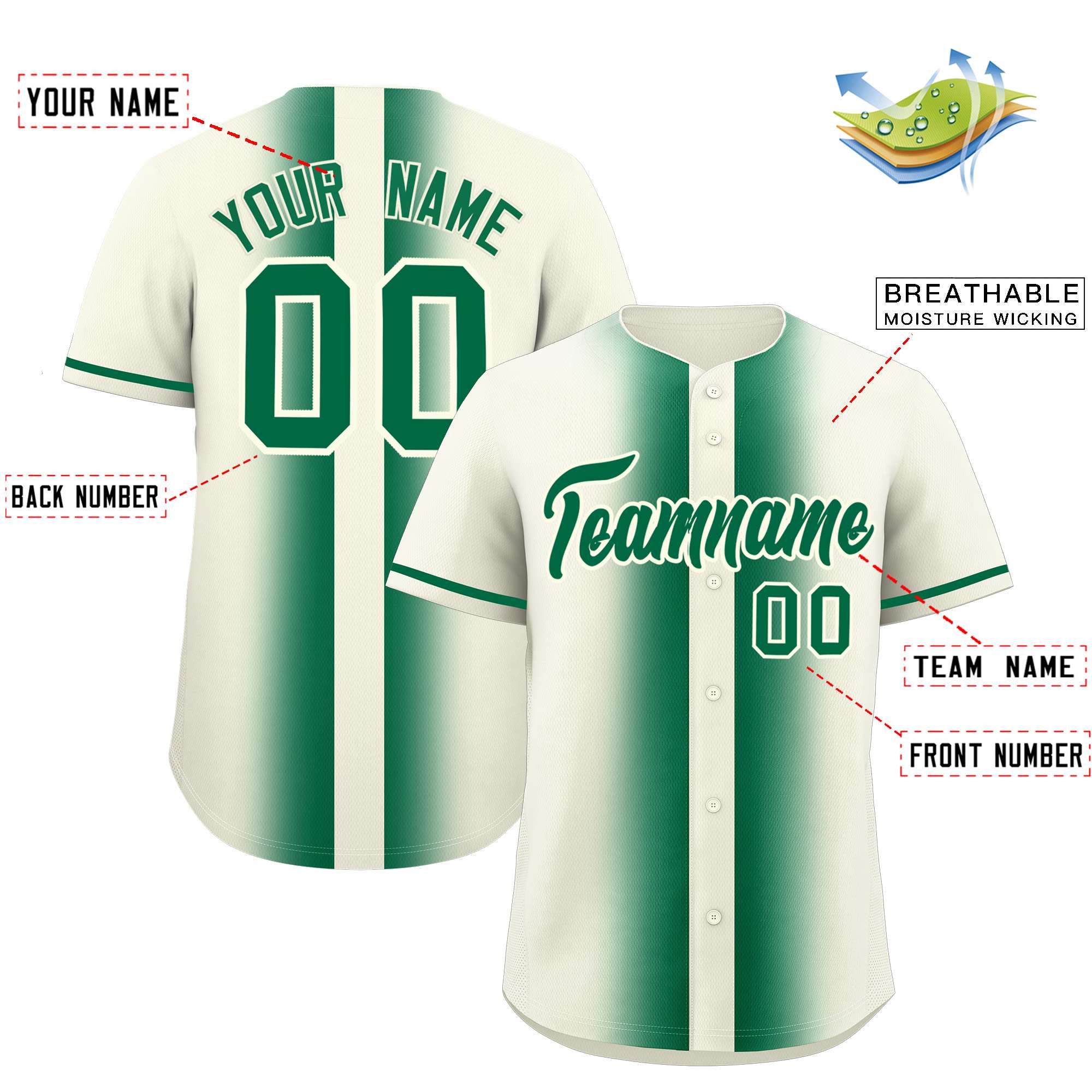 Custom Cream Kelly Green Lapel Gradient Fashion Authentic Baseball Jersey