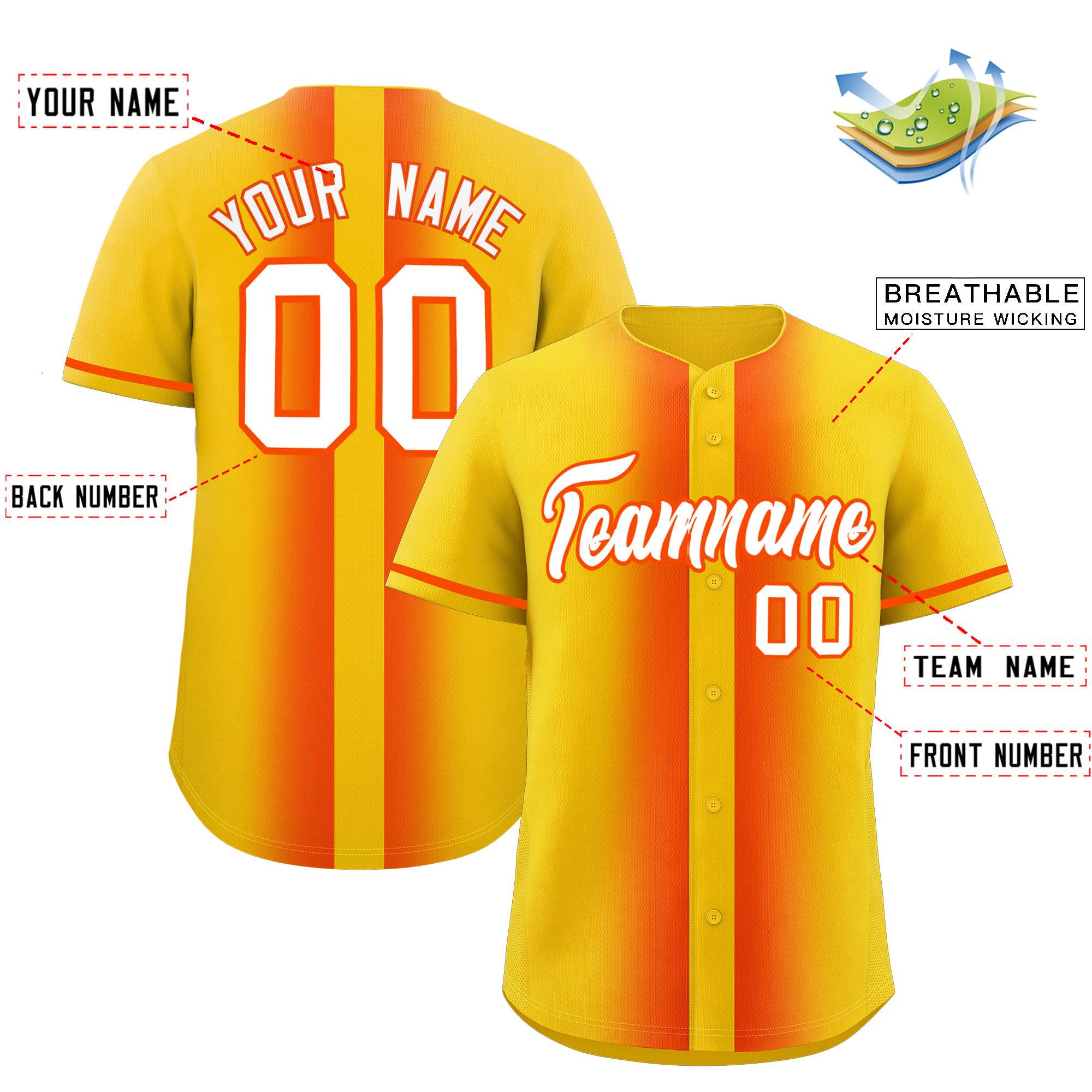 Custom Gold Orange Lapel Gradient Fashion Authentic Baseball Jersey