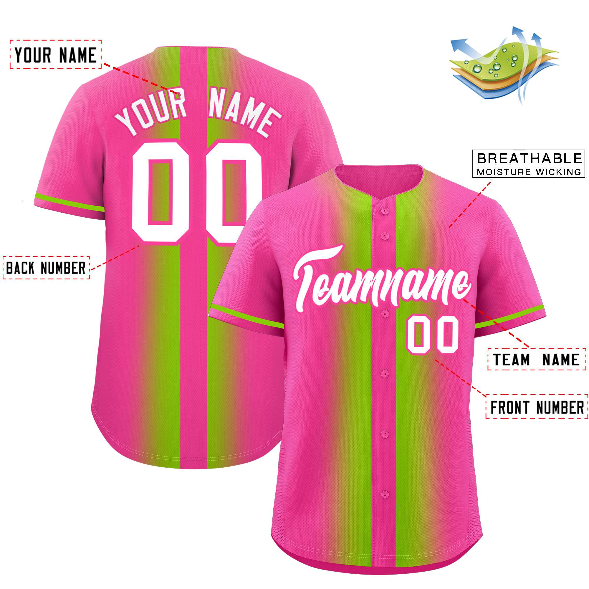 Custom Pink Neon Green Lapel Gradient Fashion Authentic Baseball Jersey