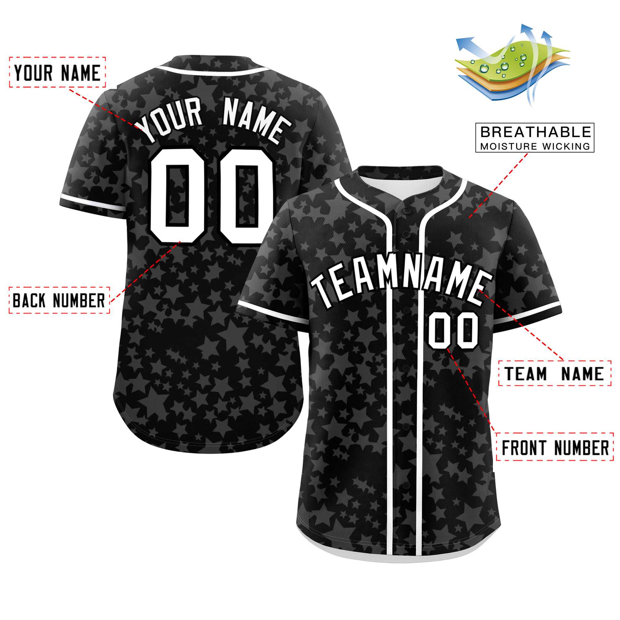 Custom Black White Personalized Star Graffiti Pattern Authentic Baseball Jersey