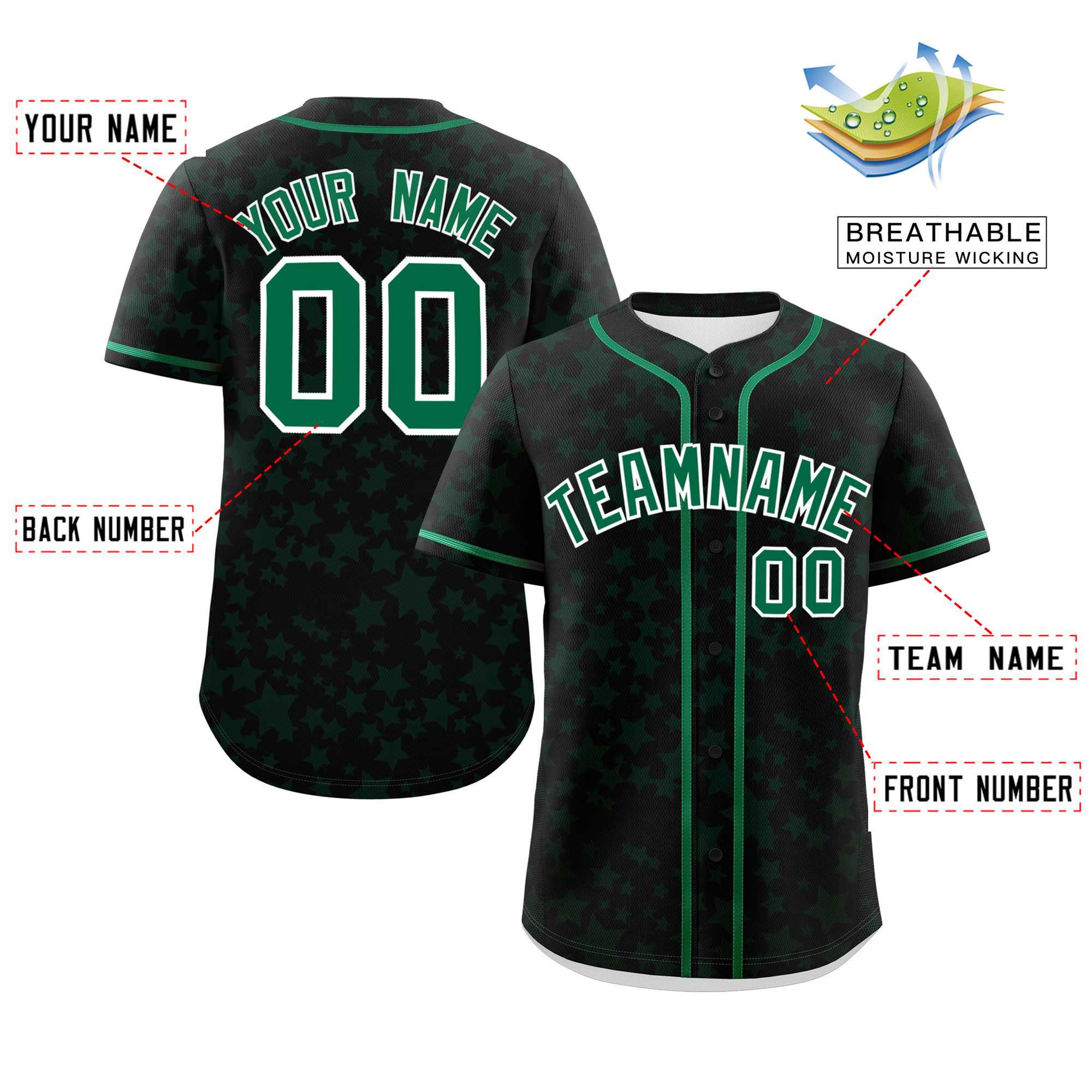 Custom Black Kelly Green Personalized Star Graffiti Pattern Authentic Baseball Jersey